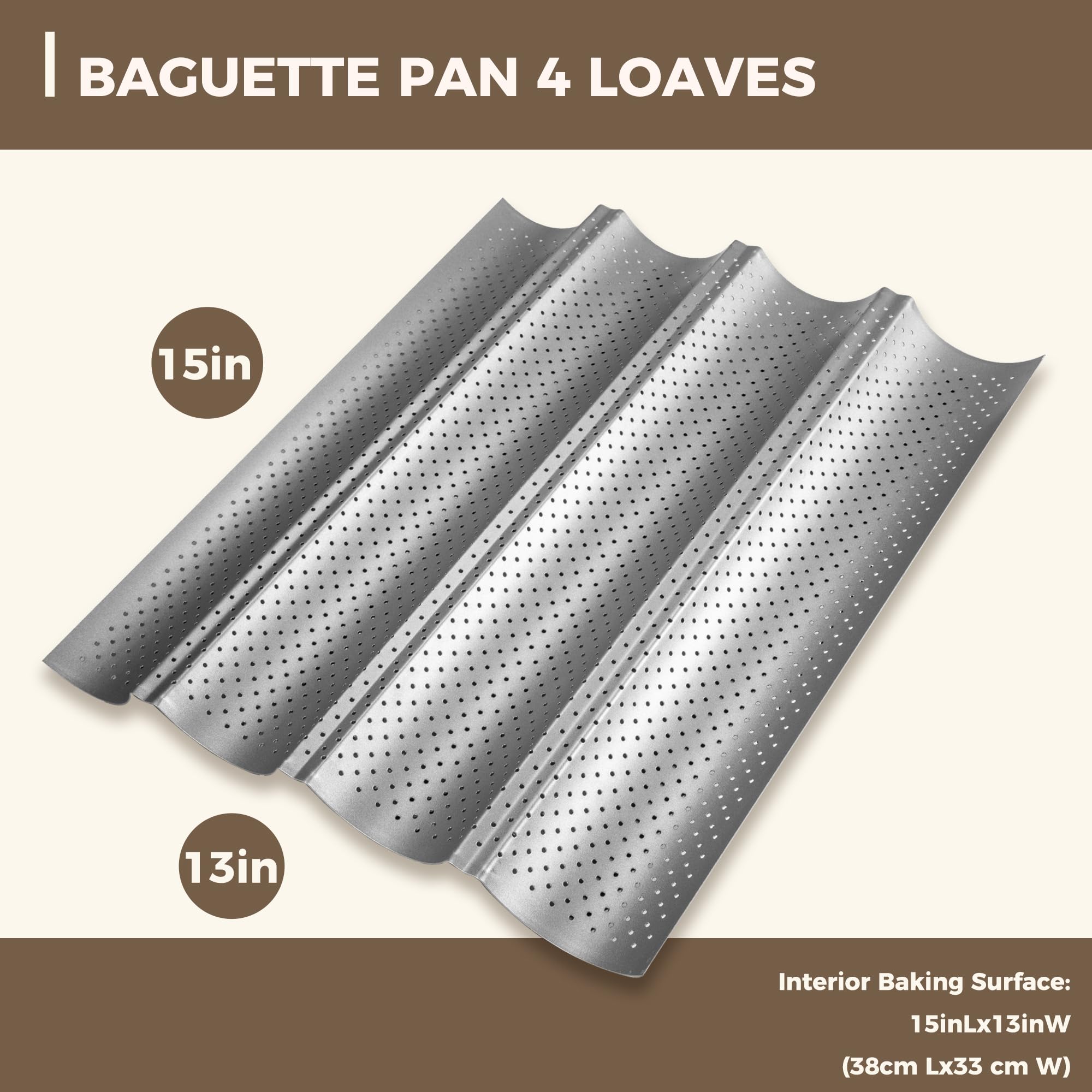 KITESSENSU Nonstick Baguette Pans for French Bread Baking, Perforated 2 Loaves Baguettes Bakery Tray, 15" x 6.3", Silver