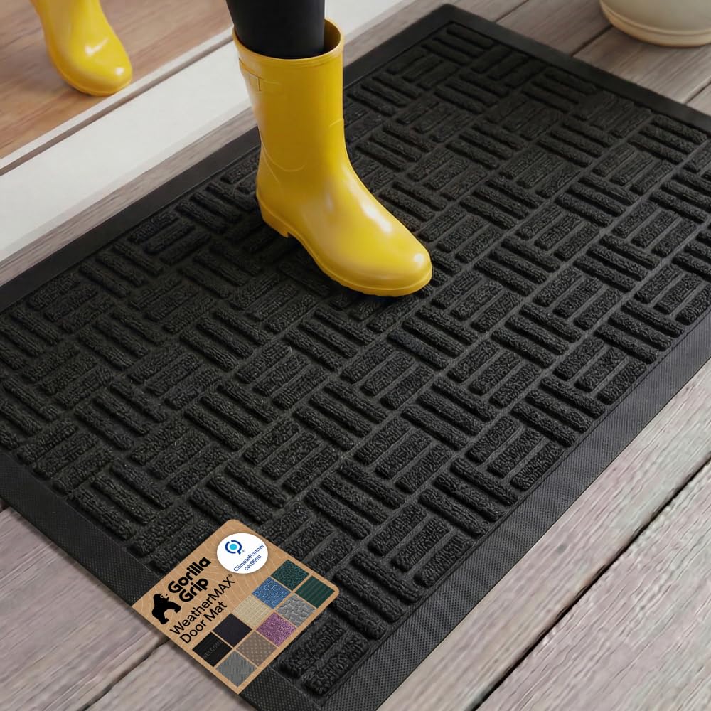 GORILLA GRIP 100% Waterproof All-Season WeatherMAX Doormat US Designed Natural Rubber, Stain Fade Resistant, Low Profile Indoor Outdoor Front Door Mats Outside Entrance, Easy Clean 29x17 Gray Diamond
