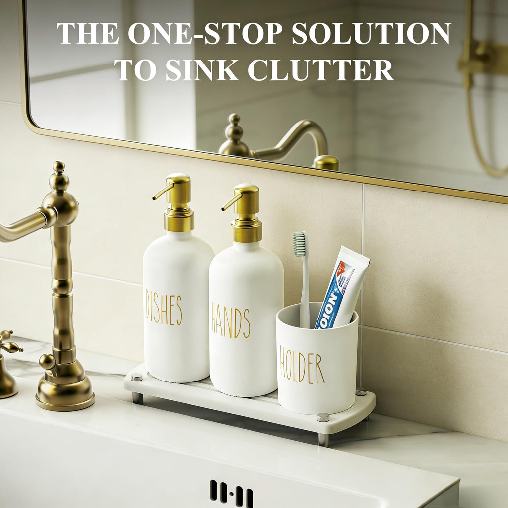 Cisily Kitchen Soap Dispenser Set Comes with Ceramics Sponge Holder, Gold Pumps, and Instant Dry Tray, Hand and Dish Soap Dispenser Set (4, Gold + White + Sponge Holder)