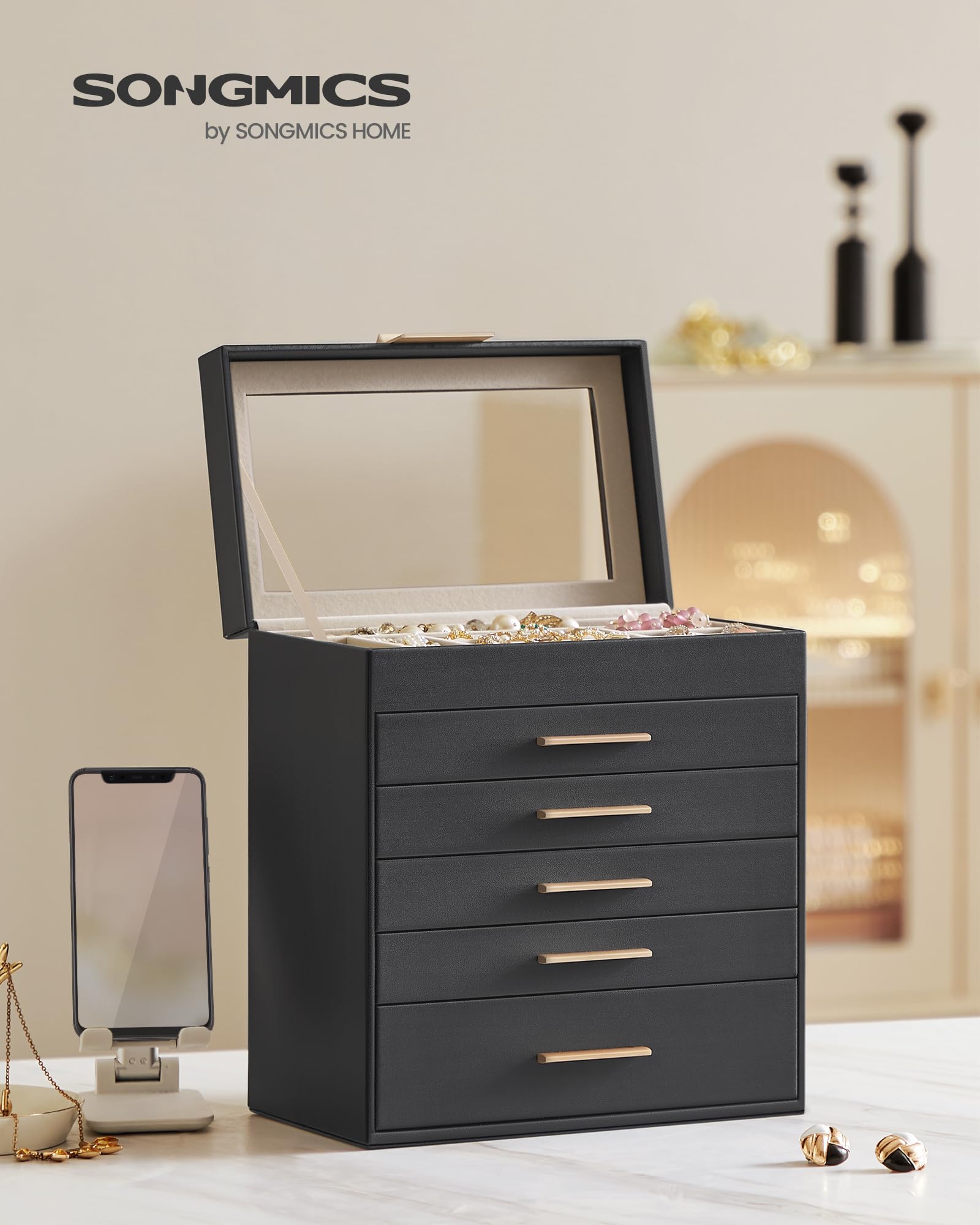 SONGMICS GISELLA Collection - Jewelry Box Organizer, 3-Layer Jewelry Storage with 2 Drawers, Shiny Metal Hardware, Glass Lid, Modern, 8 x 9.1 x 5.3 Inches, Cloud White and Gold Color UJBC239WT