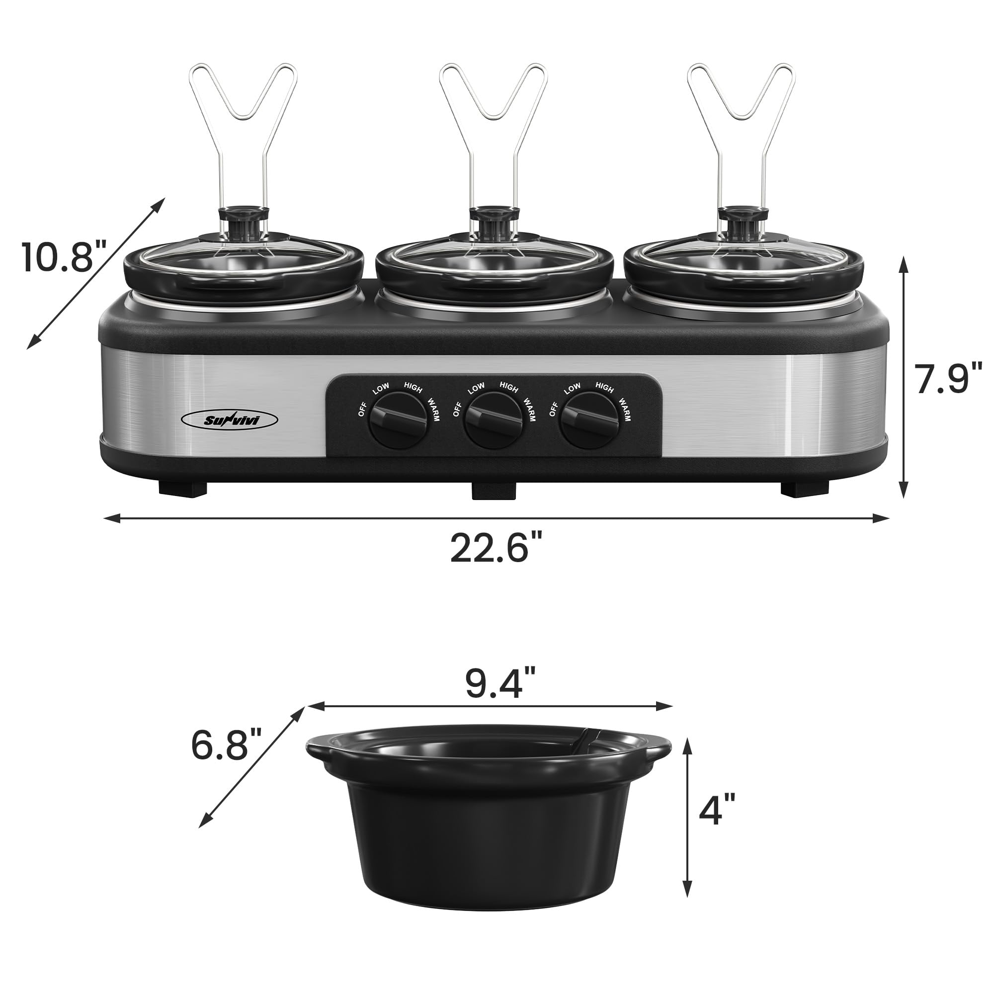 SUNVIVI Triple Slow Cooker, Buffet Food Warmer with 3 x 1.5 QT Removable Ceramic Pots, Buffet Servers and Warmers with Glass Lids and 3 Spoons, Stainless Steel, Blue