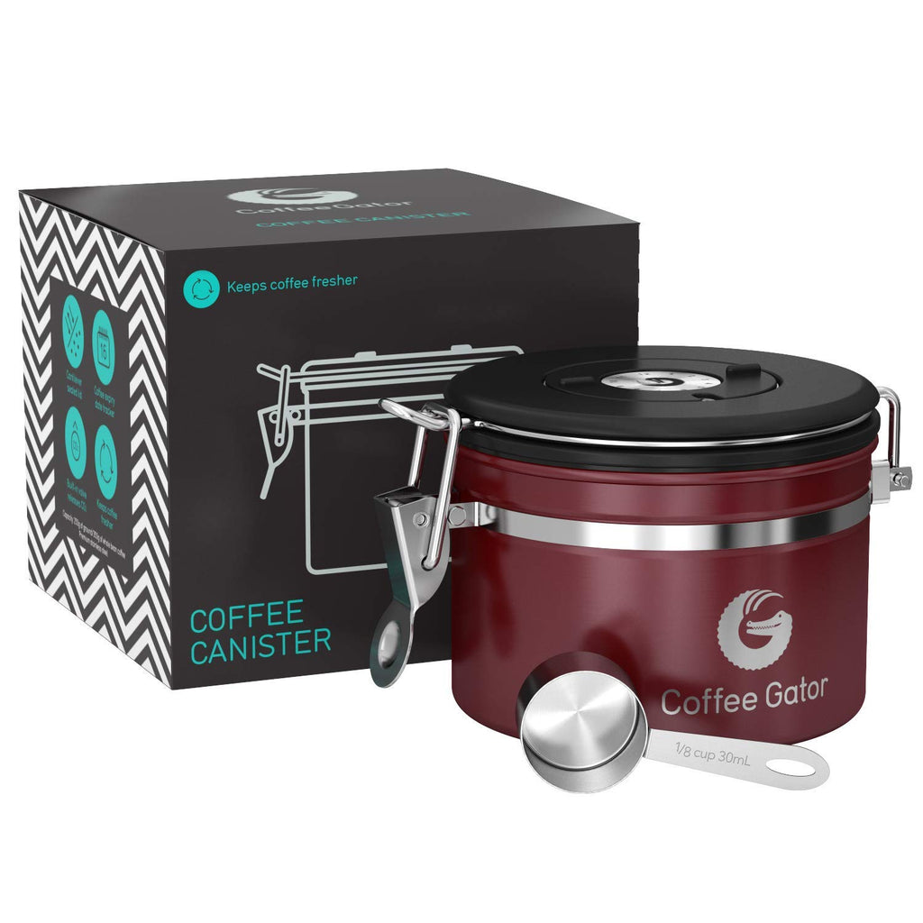 Coffee Gator Stainless Steel Canister - Medium 16oz, Gray Coffee Grounds and Beans Container with Date-Tracker, CO2-Release Valve, and Measuring Scoop - Ideal Coffee Lovers Gifts