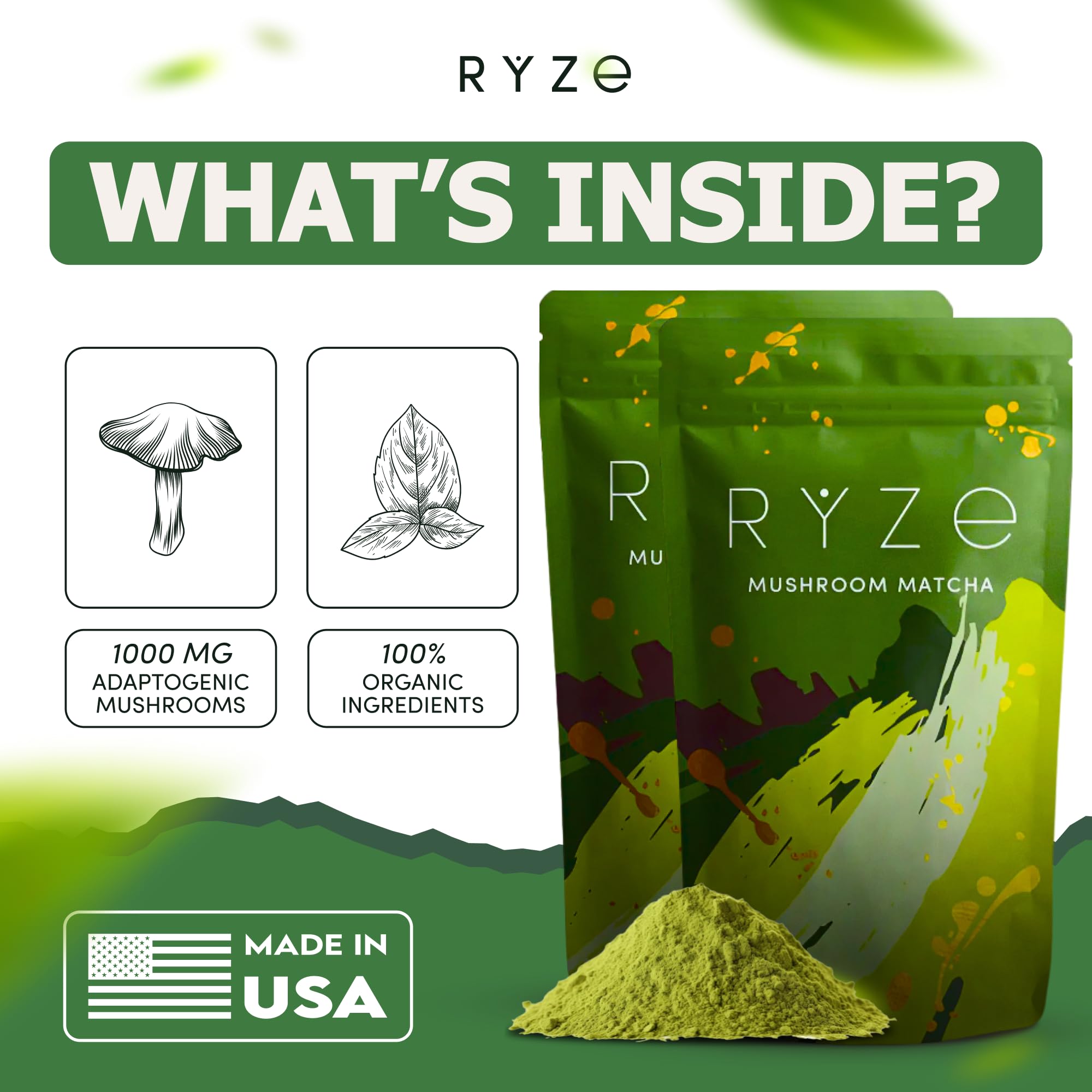 RYZE SUPERFOODS Mushroom Matcha Starter Kit, USDA Organic with 6 Adaptogenic Mushrooms and Ceremonial-Grade Matcha, Energy, Focus, Digestion, Immunity with Turkey Tail, Shiitake, Reishi (Matcha (Pack of 1))