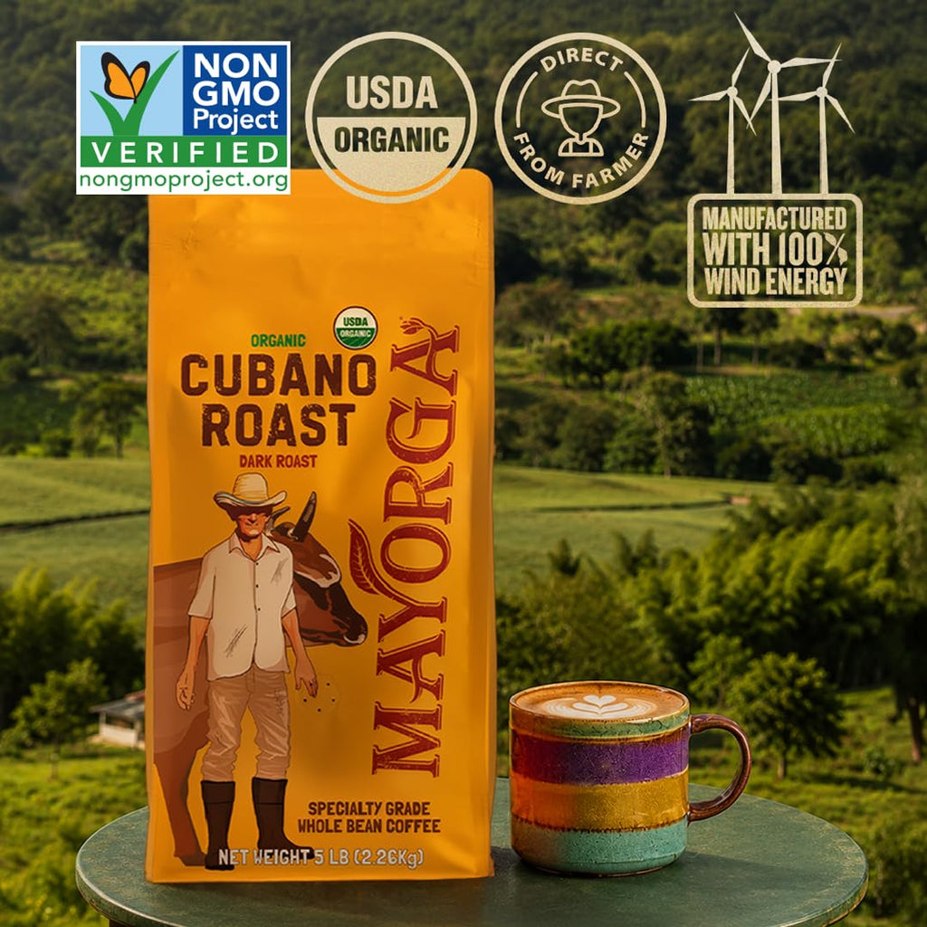 Mayorga Organic Coffee 2lb Cafe Cubano Roast - Dark Roast Whole Bean Specialty Grade Coffee, 100% Arabica, Slow Roasted, Bold and Smooth Flavor with Low Acidity - USDA Organic, Non-GMO, Kosher