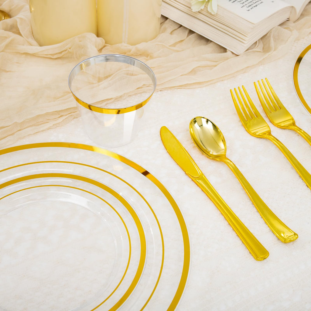 WELLIFE 600 PCS Silver Disposable Dinnerware Set for 100 Guests, Wedding Reception Plates & Silver Plastic Tableware, Dinner & Salad Plates, Cups, Forks, Knives & Spoons for Weddings & Elegant Events