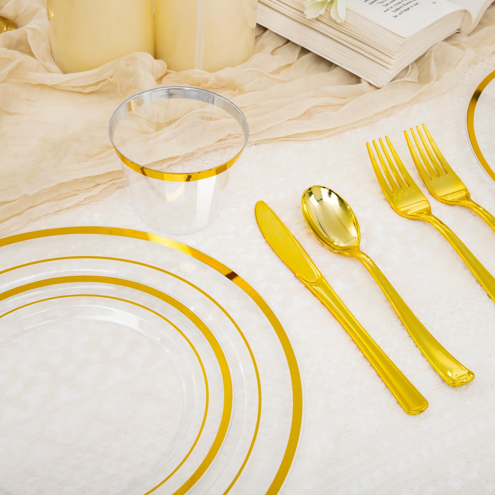 WELLIFE 600 PCS Silver Disposable Dinnerware Set for 100 Guests, Wedding Reception Plates & Silver Plastic Tableware, Dinner & Salad Plates, Cups, Forks, Knives & Spoons for Weddings & Elegant Events