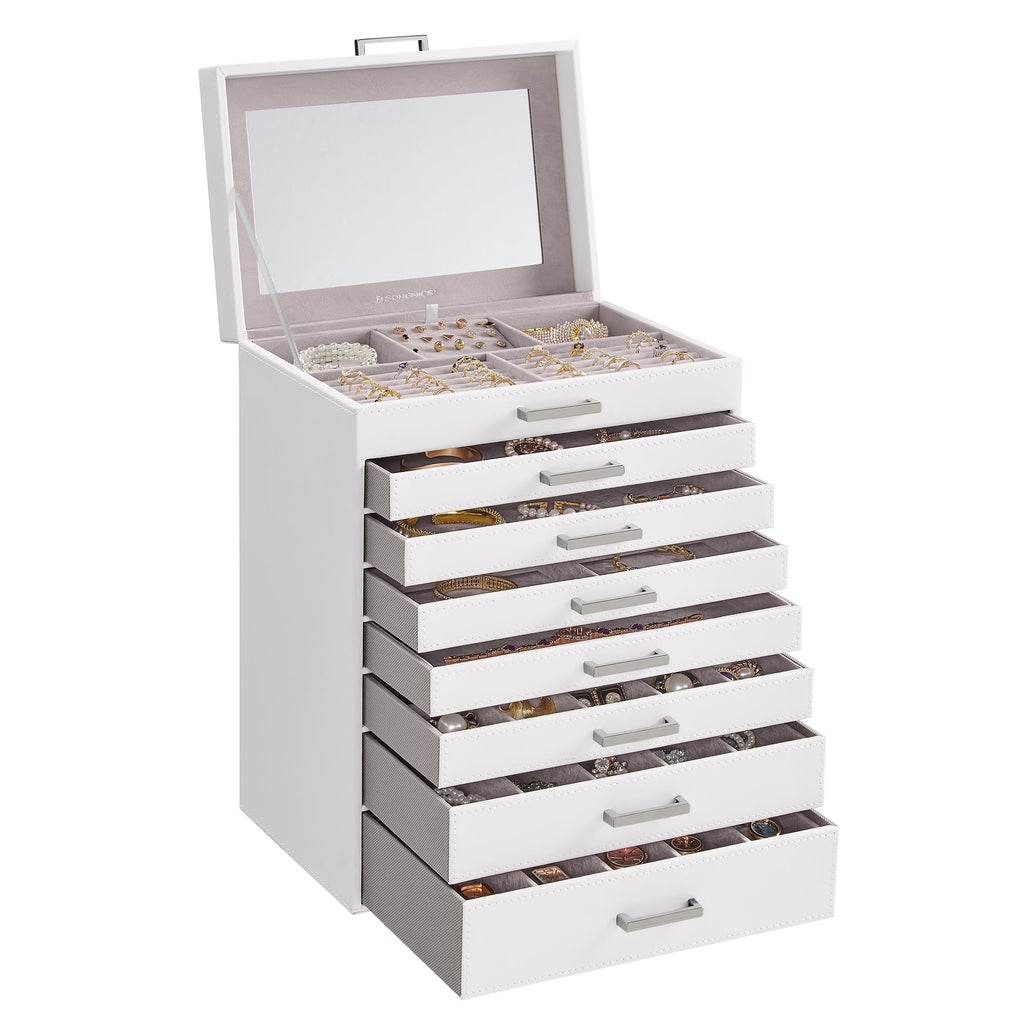 SONGMICS 3-Tier Jewelry Box, Travel Jewelry Case with Handle, 2 Drawers, Lockable Jewelry Organizer with Mirror, Jewelry Storage, Modern Style, Gift for Loved Ones, White UJBC154W01