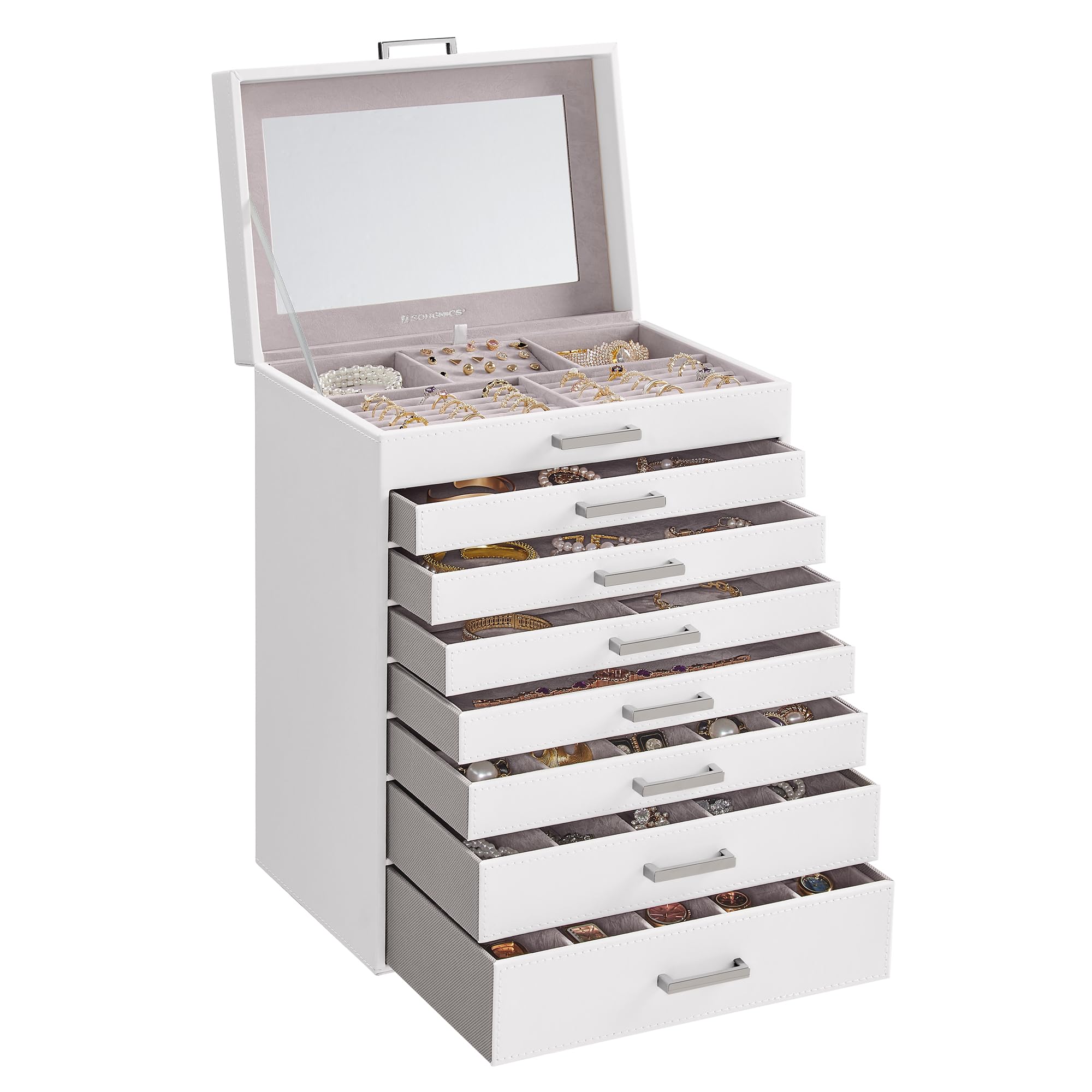 SONGMICS 3-Tier Jewelry Box, Travel Jewelry Case with Handle, 2 Drawers, Lockable Jewelry Organizer with Mirror, Jewelry Storage, Modern Style, Gift for Loved Ones, White UJBC154W01