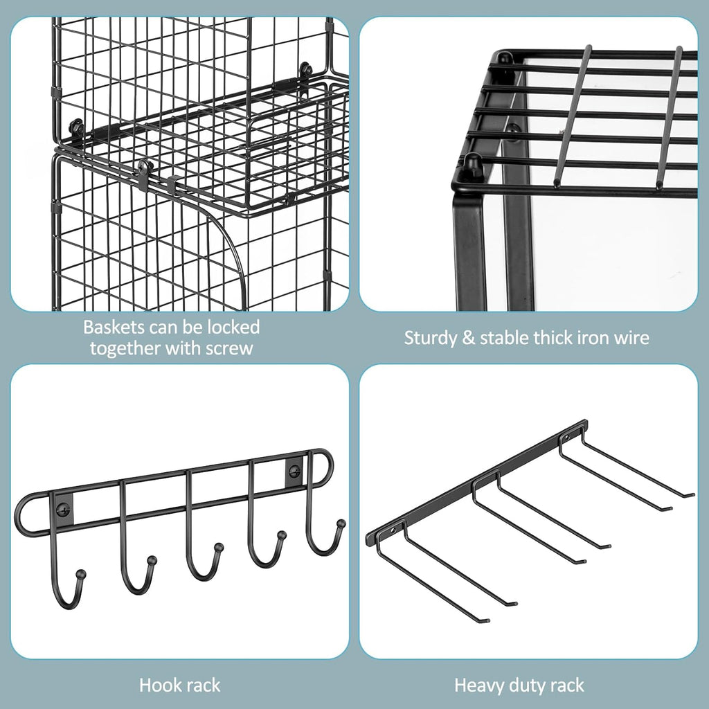 ThreeHio Garage Shelf Wall Mounted with Wire baskets, Heavy Duty Garage Wall Shelving with Garden Tool Rack and Hooks, Wire Shelf Baskets Tool Organizer for Home Garden Yard Organization and Storage