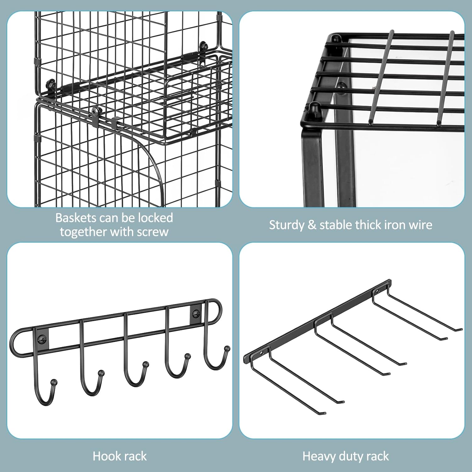 ThreeHio Garage Shelf Wall Mounted with Wire baskets, Heavy Duty Garage Wall Shelving with Garden Tool Rack and Hooks, Wire Shelf Baskets Tool Organizer for Home Garden Yard Organization and Storage