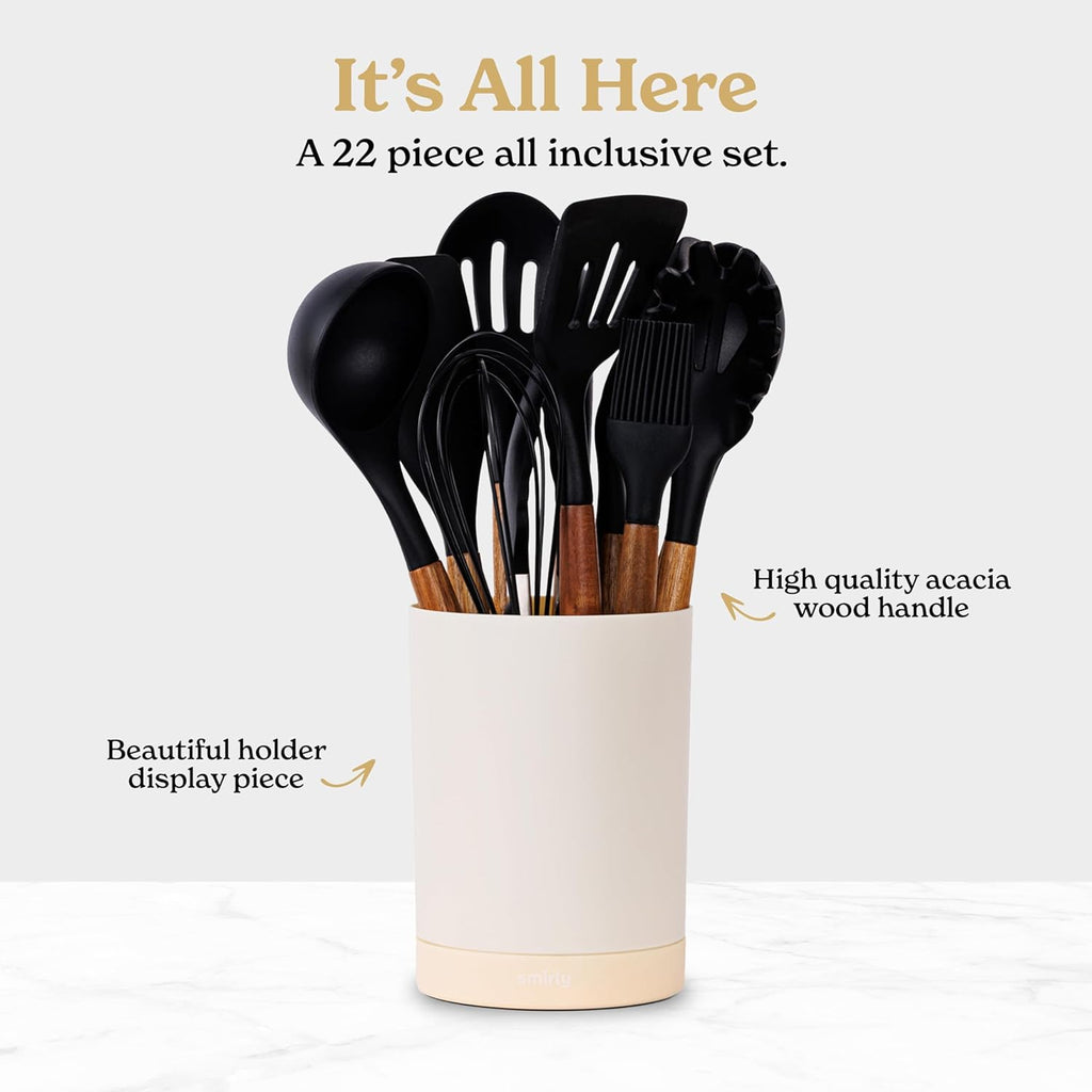 SMIRLY Black and White Bundle: 22 pcs Acacia Handle Silicone Cooking Utensil Set + Plastic Cutting Board