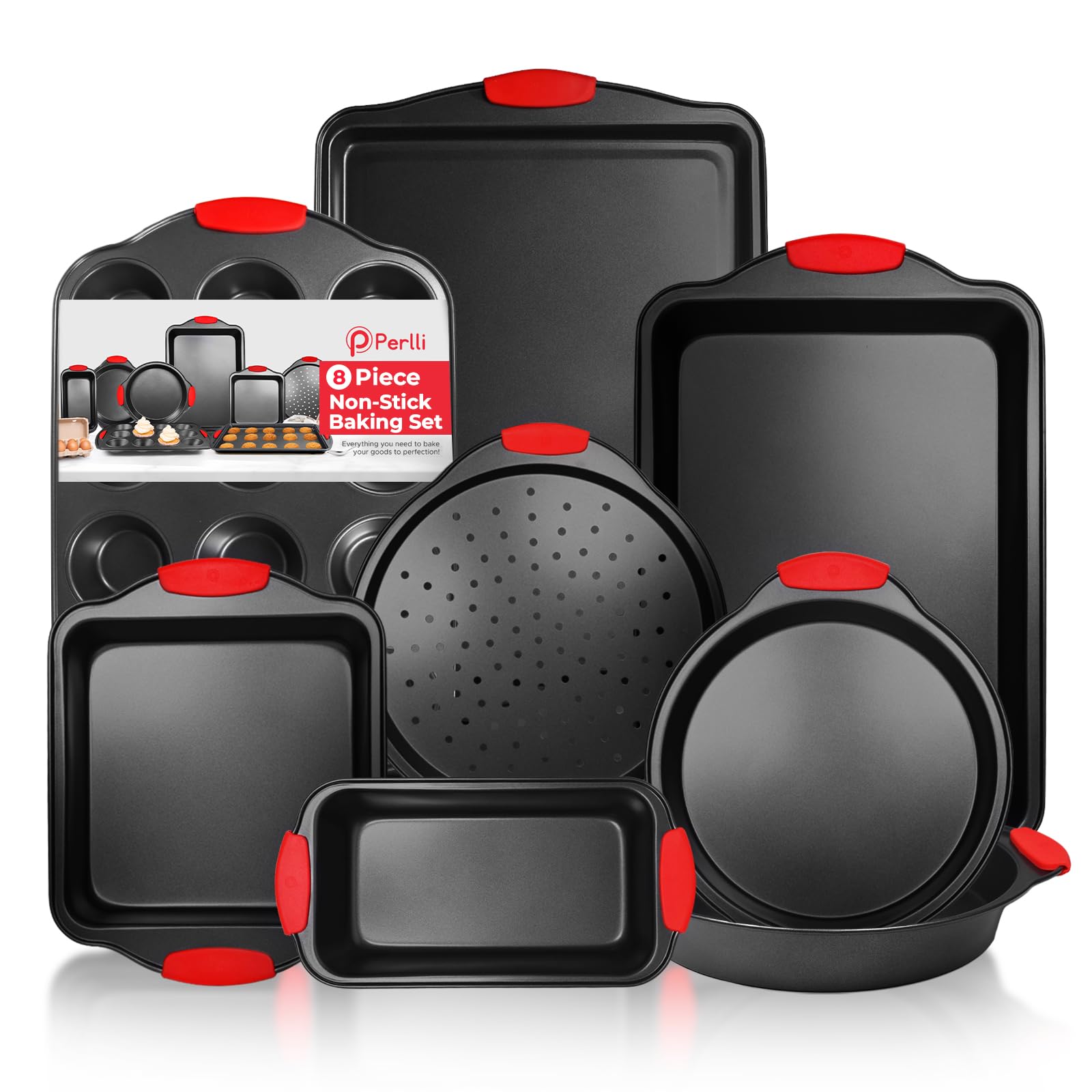 PERLLI Non-Stick 6-Piece Baking Pan Set, BPA-Free Carbon Steel Bakeware Set with Silicone Handles, Stackable Kitchen Oven Set, Cookie Sheet, Baking Tray, Baking Sheet Set, Oven Safe (446°F)
