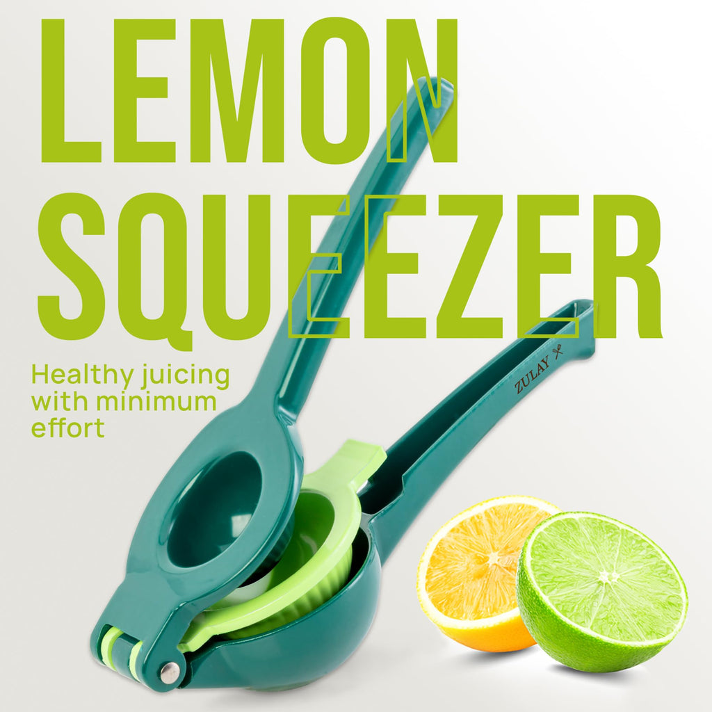 Zulay Kitchen Metal 2-in-1 Lemon Squeezer - Sturdy Max Extraction Hand Juicer Lemon Squeezer Gets Every Last Drop - Easy to Clean Manual Citrus Juicer - Easy-Use Lemon Juicer Squeezer - Yellow/Green