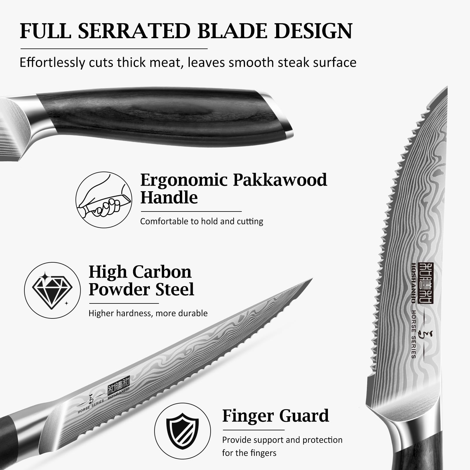 HOSHANHO Steak Knives Set of 6, 4.5 Inch Japanese Serrated Steak Knife Set, Ultra Sharp High Carbon Powder Steel Steak Knife with Pakkawood Handle