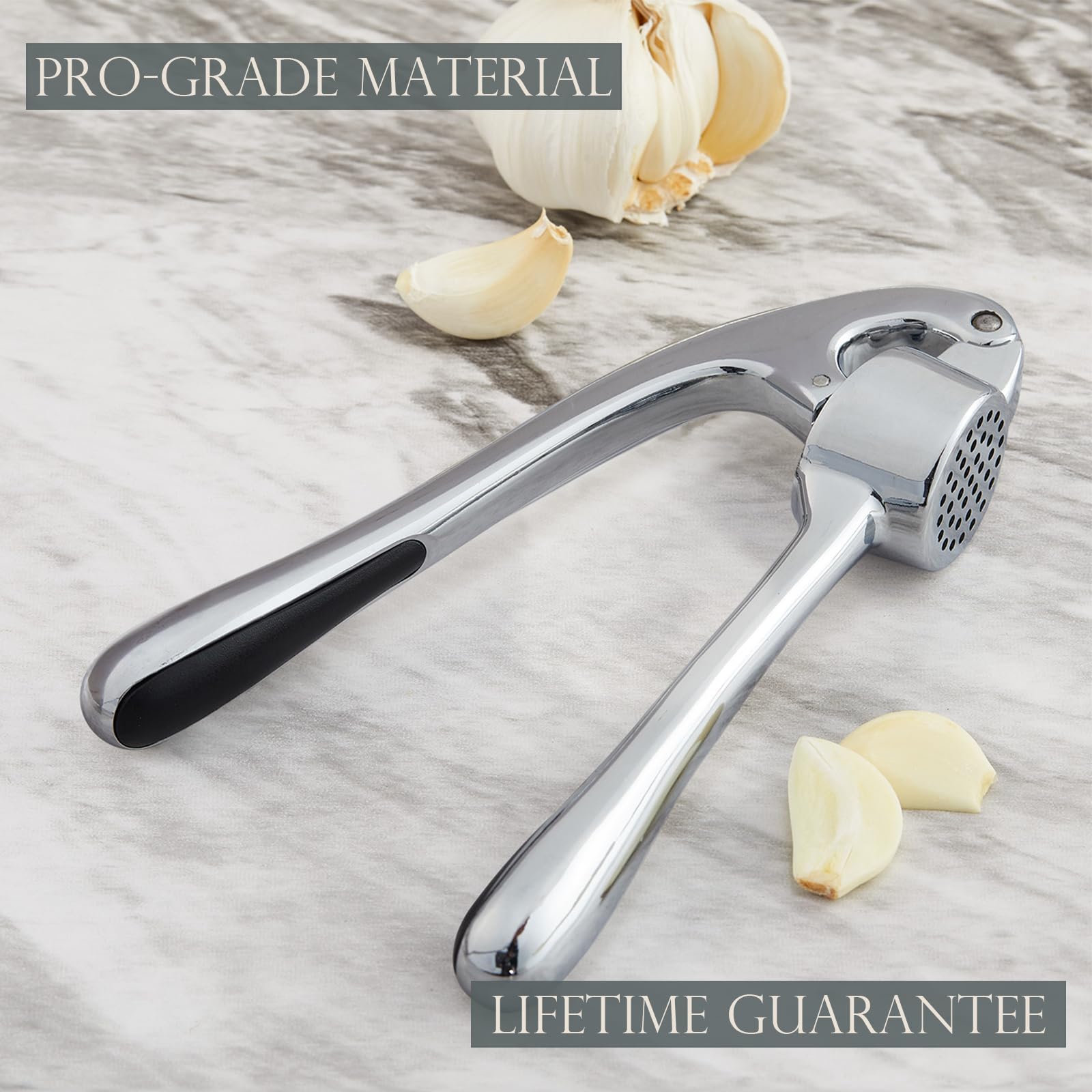 Kitessensu High Effective Garlic Press With Studs, Heavy Duty Garlic Mincer, Easy to Squeeze and Clean, Rust Proof & Dishwasher Safe, Ginger Crusher- Imperial Silver