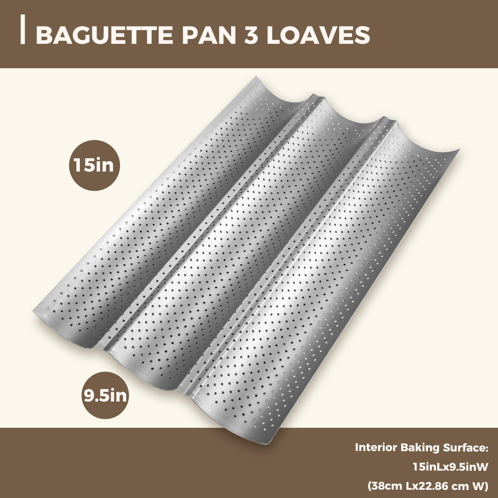 KITESSENSU Nonstick Baguette Pans for French Bread Baking, Perforated 2 Loaves Baguettes Bakery Tray, 15" x 6.3", Silver