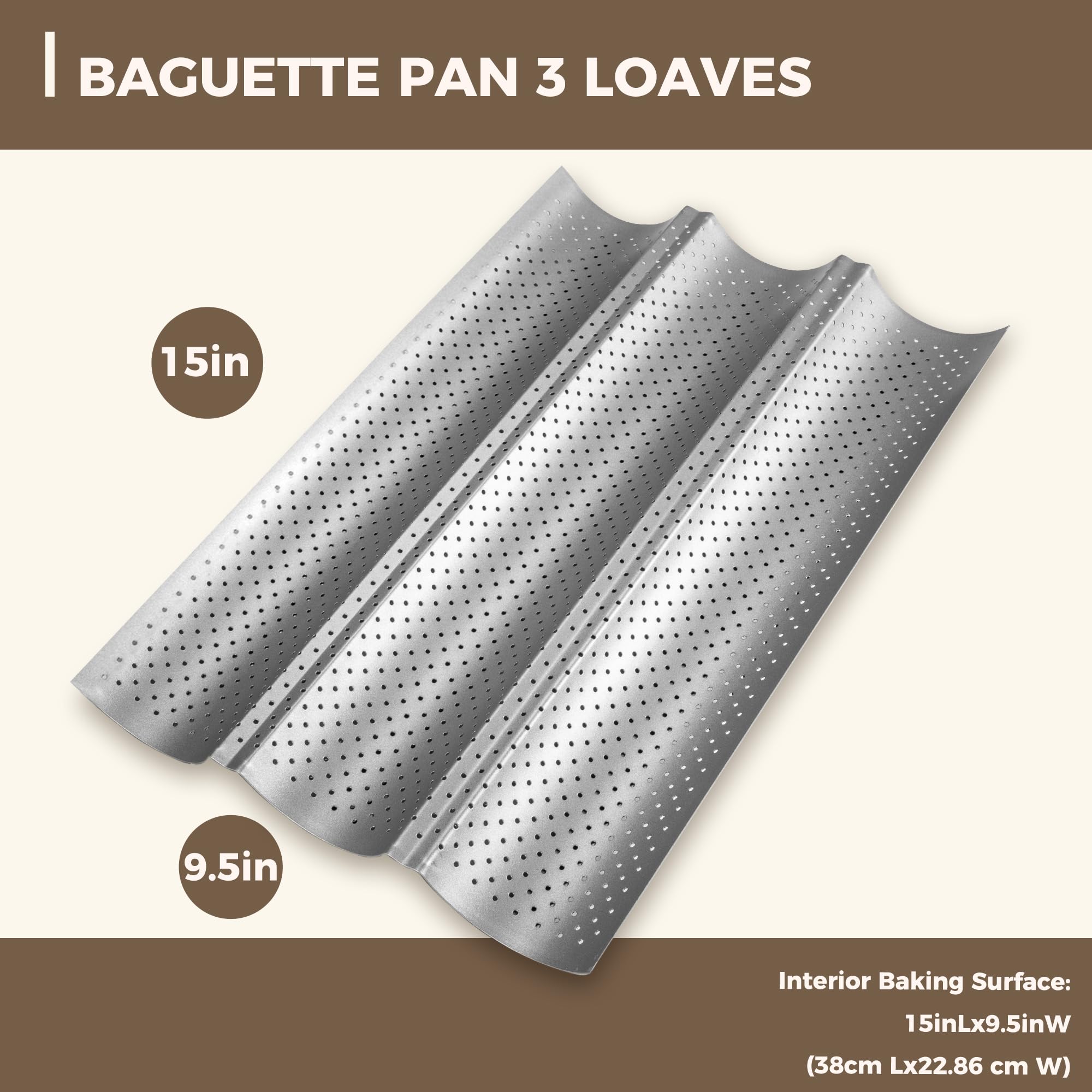 KITESSENSU Nonstick Baguette Pans for French Bread Baking, Perforated 2 Loaves Baguettes Bakery Tray, 15" x 6.3", Silver