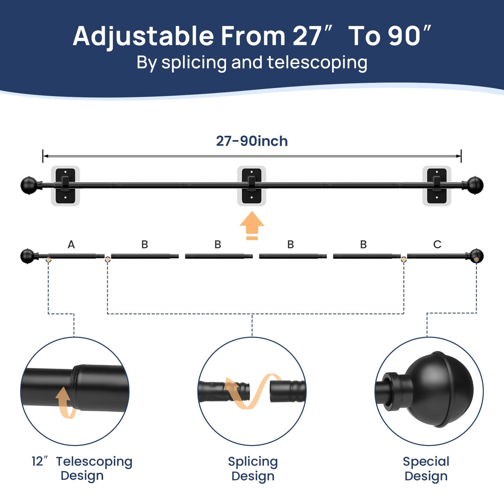ENJOYBASICS No Drill Curtain Rods for Window 28 to 47 Inches, 5/8 Inch Diameter Renter Friendly Drapery Rod with Adhesive Brackets without Drilling, Adjustable from 27 to 52 Inches, Black