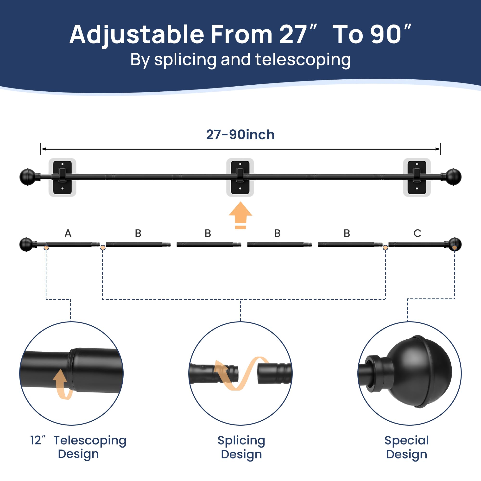 ENJOYBASICS No Drill Curtain Rods for Window 28 to 47 Inches, 5/8 Inch Diameter Renter Friendly Drapery Rod with Adhesive Brackets without Drilling, Adjustable from 27 to 52 Inches, Black