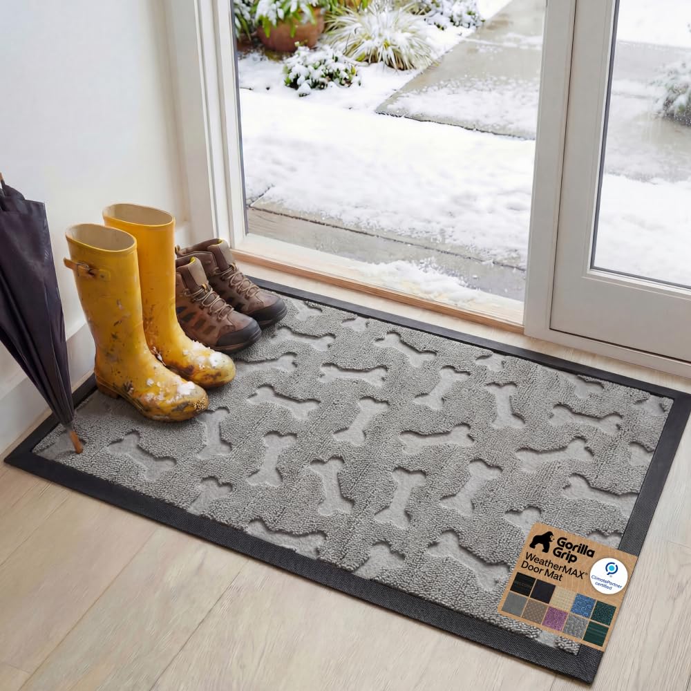 GORILLA GRIP 100% Waterproof All-Season WeatherMAX Doormat US Designed Natural Rubber, Stain Fade Resistant, Low Profile Indoor Outdoor Front Door Mats Outside Entrance, Easy Clean 29x17 Gray Diamond