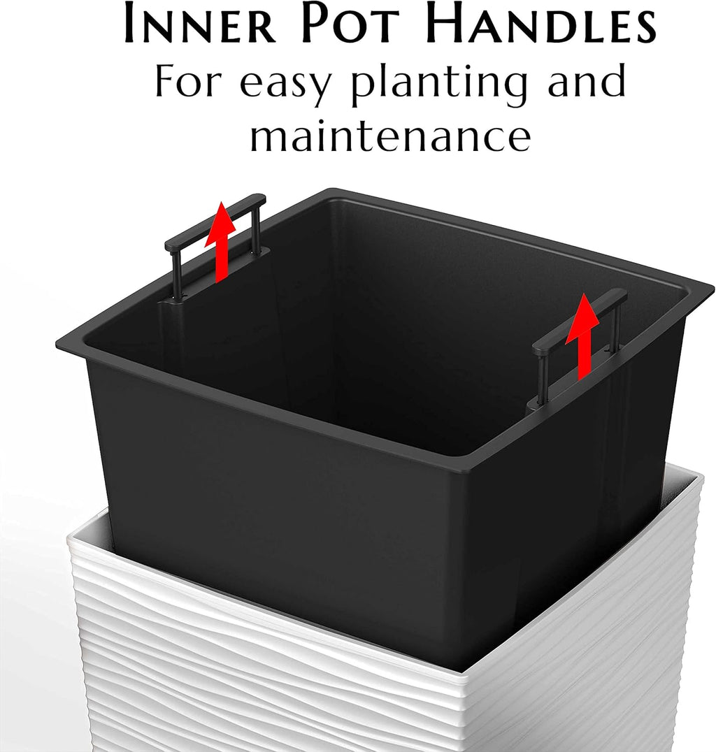 Mueller M-Resin Heavy Duty Tall Planters for Outdoor Plants, Indoor Grande Plant Pots, Boxes, Trees, Flower Pots, 2-Piece Set, 24”, Modern Design, Built-in Drainage, Front Porch Decor, White
