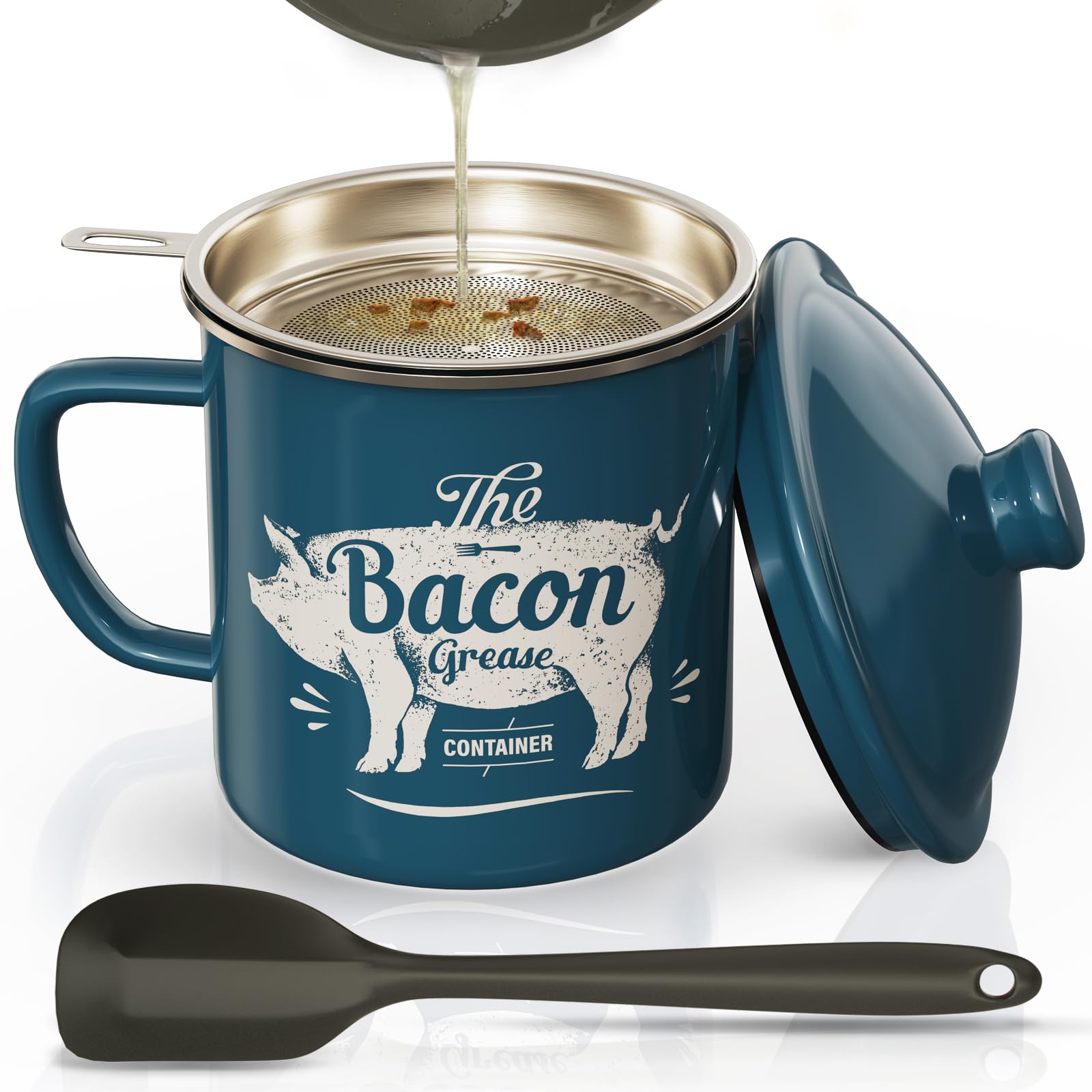 PGYARD Mini Bacon Grease Container With Strainer - 15OZ Enamel Grease Saver, Farmhouse Bacon Grease Keeper For Kitchen Fat Storage, Dishwasher Safe-Red