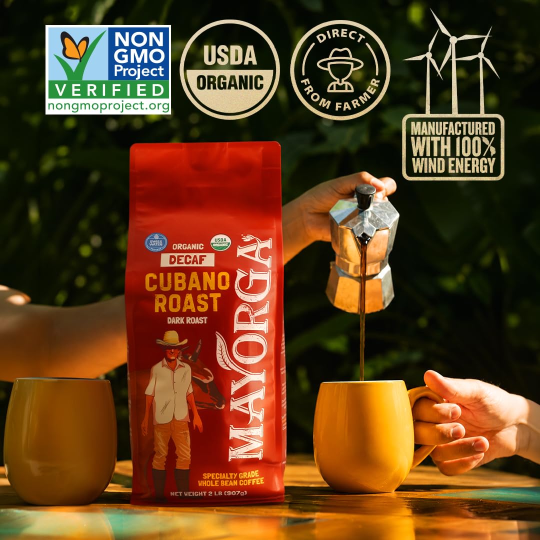 Mayorga Organic Coffee 2lb Cafe Cubano Roast - Dark Roast Whole Bean Specialty Grade Coffee, 100% Arabica, Slow Roasted, Bold and Smooth Flavor with Low Acidity - USDA Organic, Non-GMO, Kosher