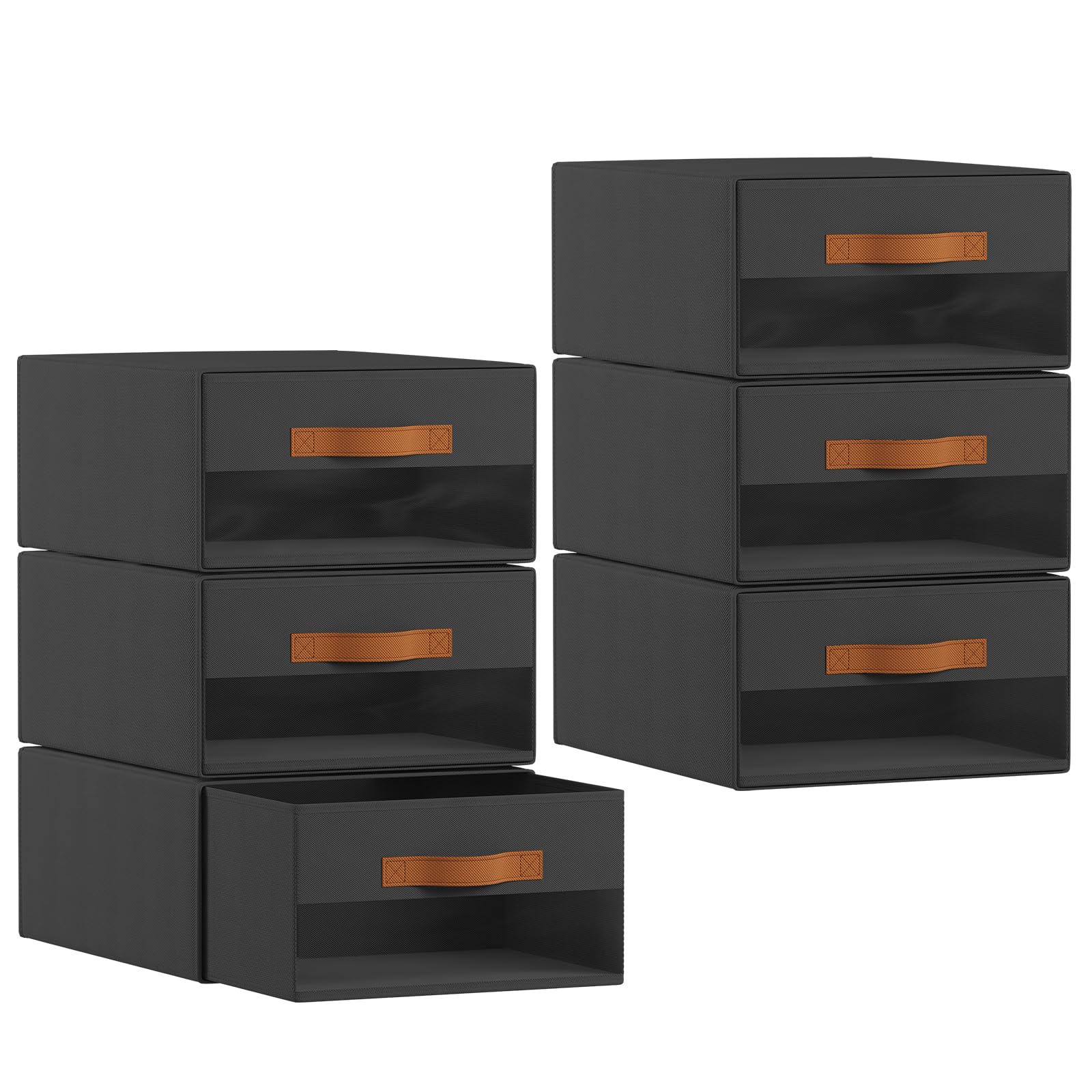 Homsorout Large Closet Storage Bins - 6 Pack Pull-Out Stackable Fabric Boxes with Clear Window, Foldable Closet Visible Storage Container for Bedroom, Living Room, Home Shelves, Grey