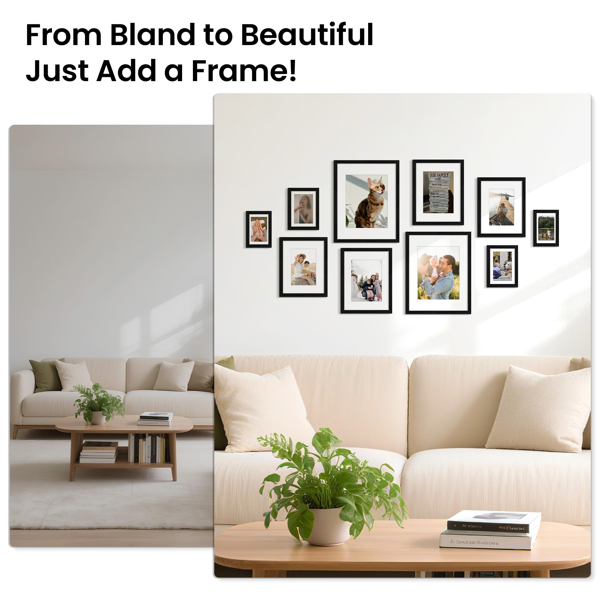 upsimples 8x10 Picture Frame, Lightweight Thin Frame for Prints, Display 5x7 with Mat or 8x10 Without, Easy Wall Hanging, Black 2 Pack