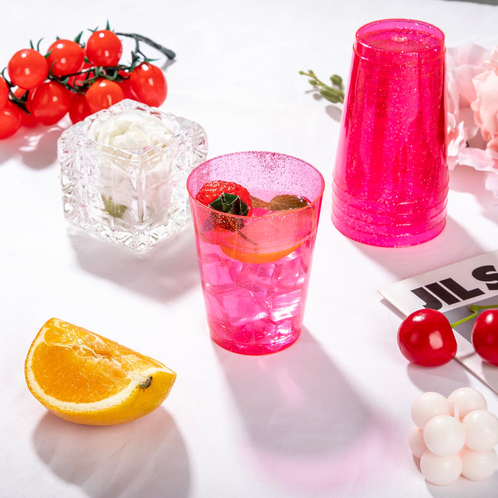 DaYammi 100 Pack 10oz Pink Plastic Cups for Party Premium Glitter Disposable Plastic Cup for Martini and Cocktail, Hard Pink Disposable Cups for Wedding,pink cups for Mother's Day Party