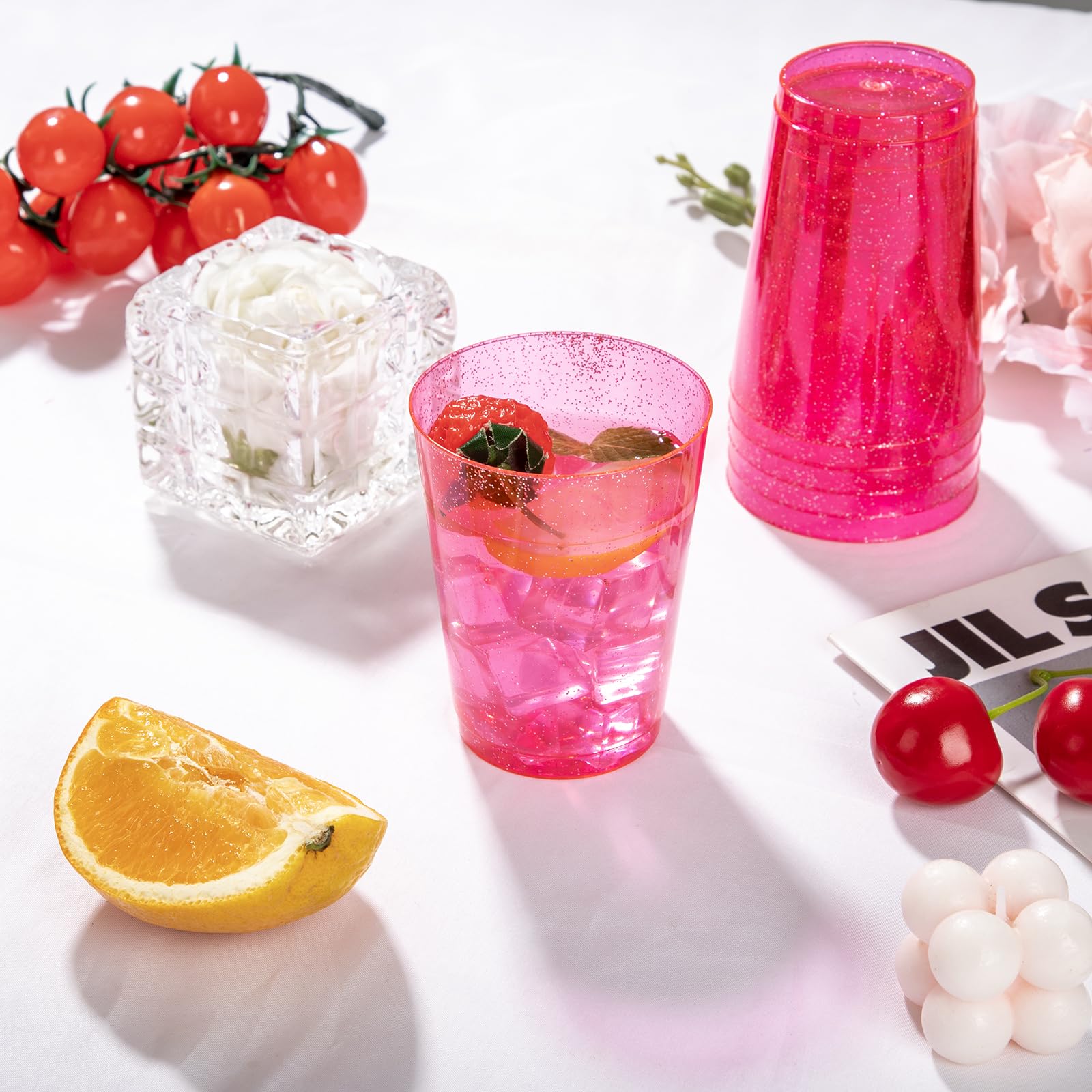 DaYammi 100 Pack 10oz Pink Plastic Cups for Party Premium Glitter Disposable Plastic Cup for Martini and Cocktail, Hard Pink Disposable Cups for Wedding,pink cups for Mother's Day Party