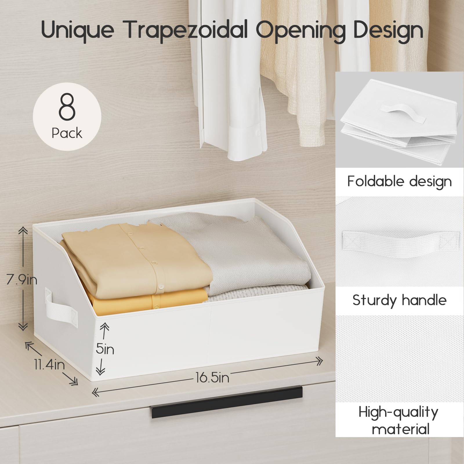 Homsorout Large Closet Organizers and Storage Bins - 8 Pack Trapezoid Storage Baskets for Shelves, Foldable Fabric Baskets with Handles Ideal for Closet, Basket, Wardrobe and Shelf Storage, Beige
