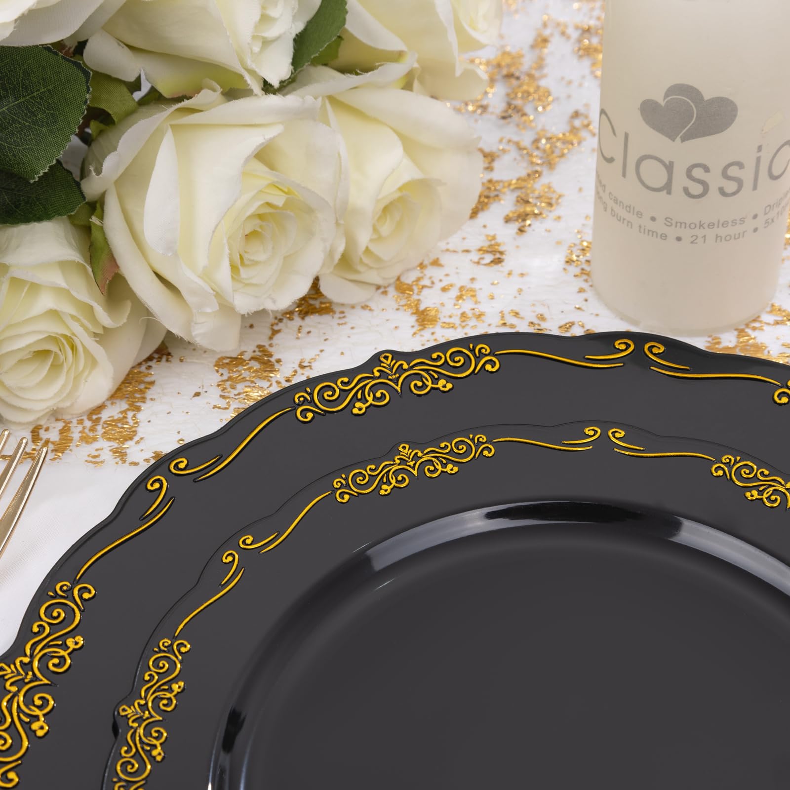 DaYammi 150Pcs Ivory Plastic Plates with Gold Rim,Disposable Plastic Plates Include 30 Dinner Plate,30 Salad Plate,30 Forks,30 Spoons,30 Knives,Ivory and Gold Plates for Party,Wedding,Mother's Day