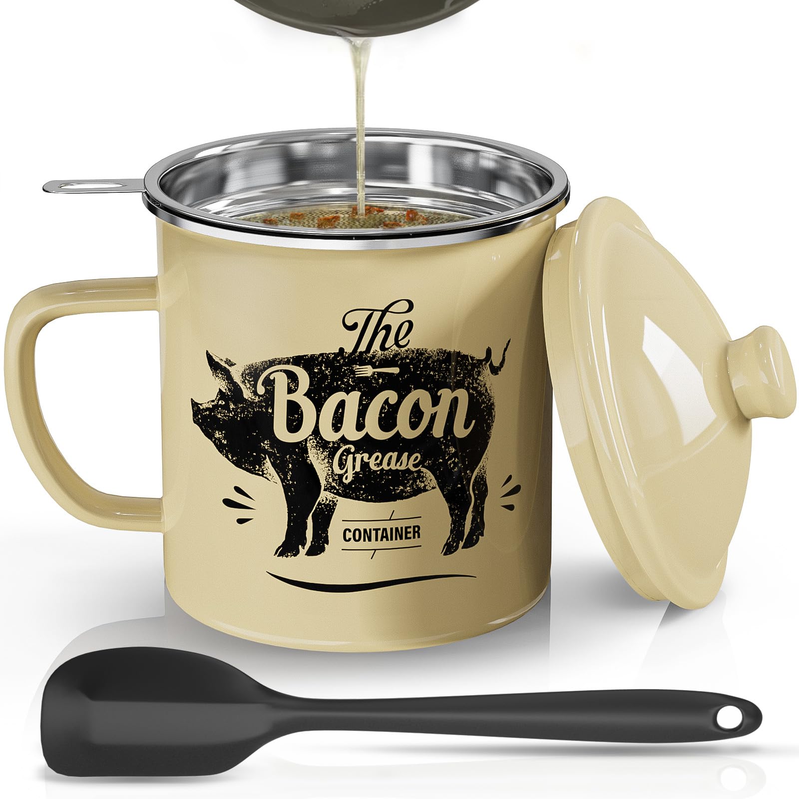 PGYARD Mini Bacon Grease Container With Strainer - 15OZ Enamel Grease Saver, Farmhouse Bacon Grease Keeper For Kitchen Fat Storage, Dishwasher Safe-Red