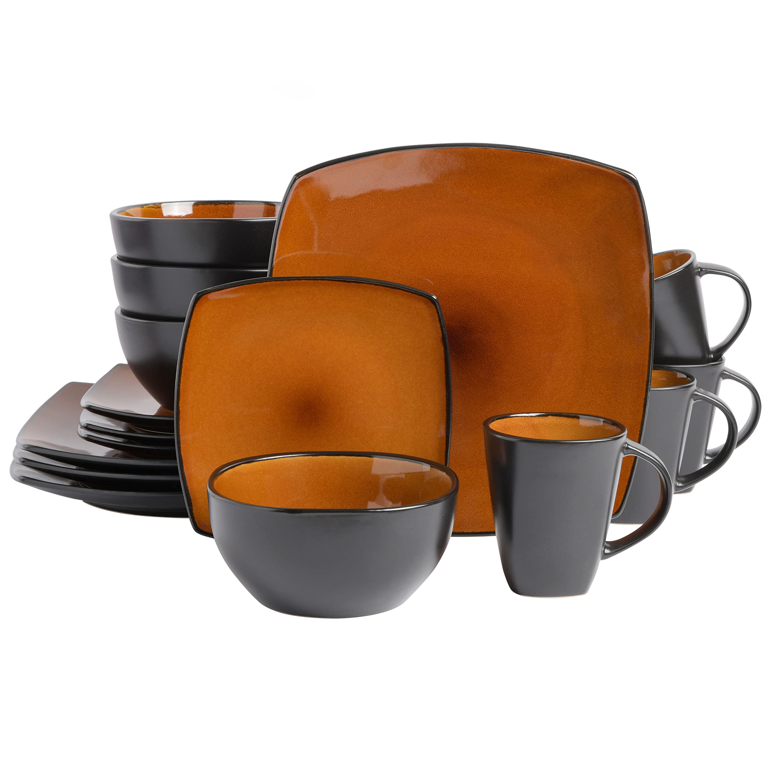 Gibson Elite Soho Lounge Square 16-Piece Dinnerware Set, Service for 4, Reactive Glaze Stoneware Plates and Bowls, Modern Dishes, Microwave & Dishwasher Safe – Red and Black