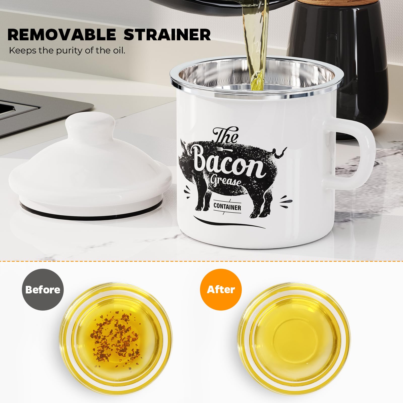 PGYARD Mini Bacon Grease Container With Strainer - 15OZ Enamel Grease Saver, Farmhouse Bacon Grease Keeper For Kitchen Fat Storage, Dishwasher Safe-Red
