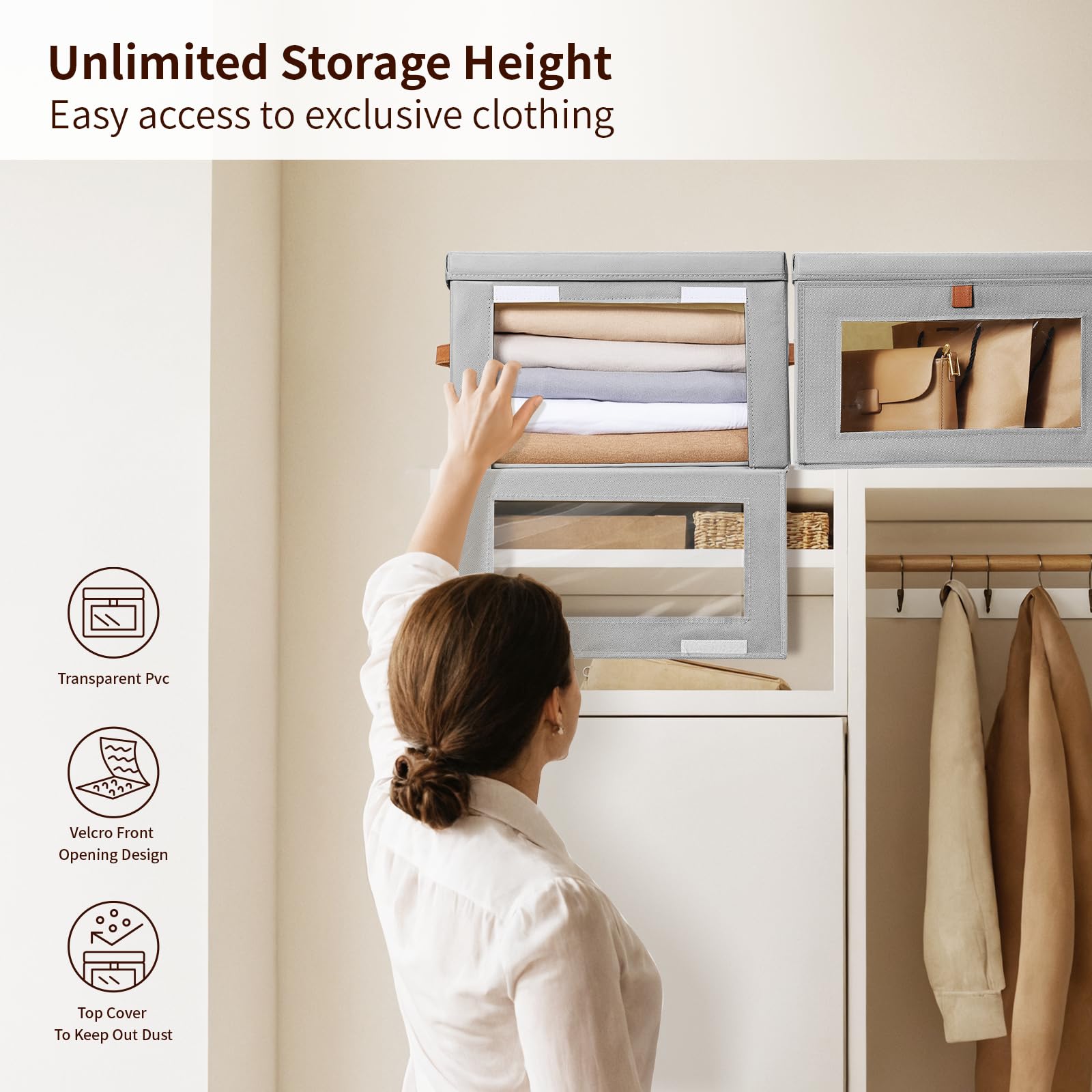 Homsorout Large Storage Bins with Lids - Fabric Collapsible Closet Storage Organizer with Window & Handles, Stackable Decorative Storage Boxes for Clothes, Blankets, Sweaters, 6 Pack, Beige