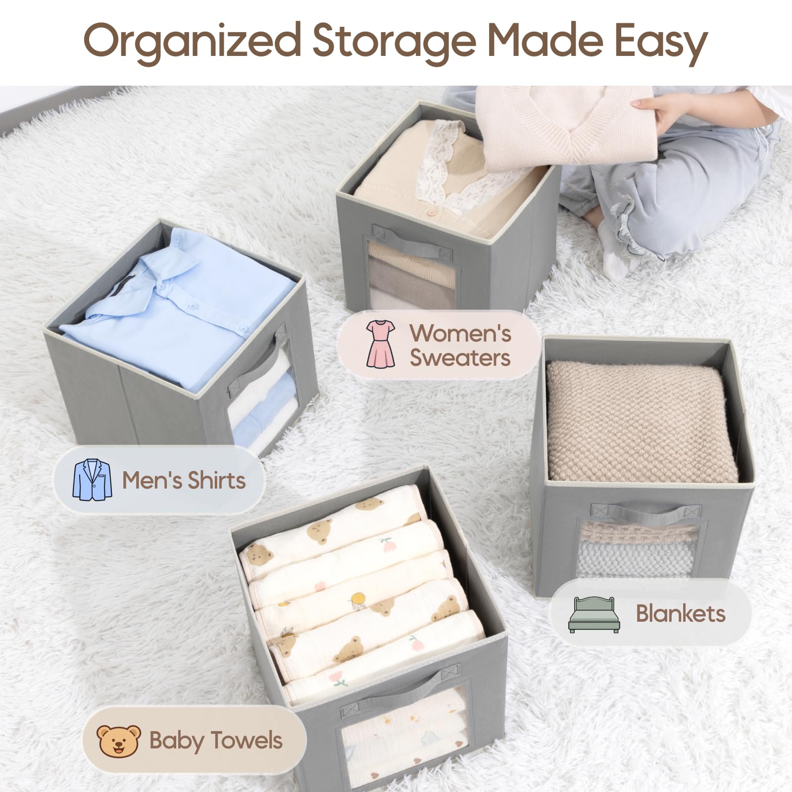 Homsorout Storage Cube 11 Inch - Cube Storage Bins with Window, Closet Storage Baskets with Handle, Fabric Bins for Closet, Shelves, Toys, Clothes, Set of 6, Grey
