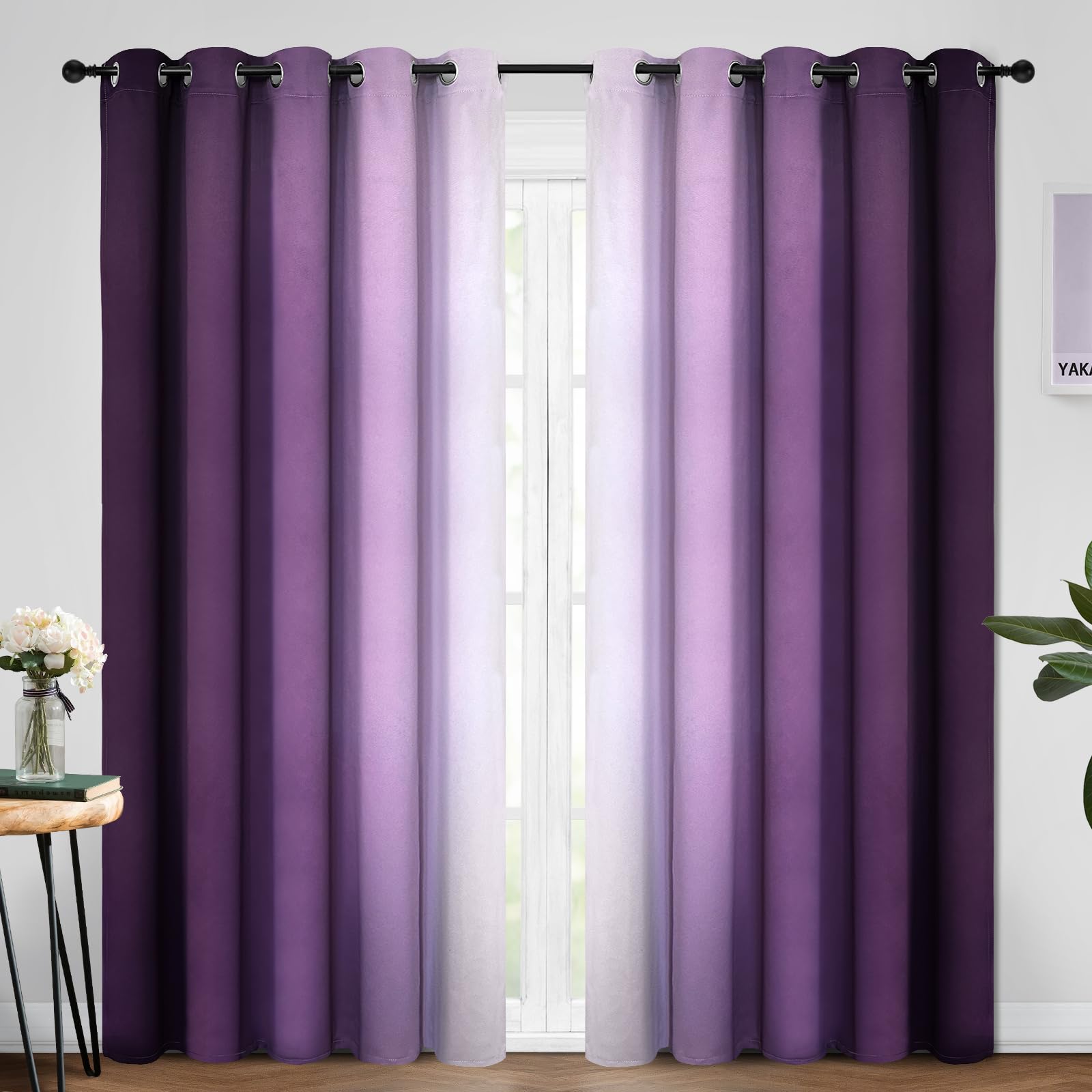 Yakamok Blue and Greyish White Ombre Curtains, Room Darkening Gradient Color Curtains for Bedroom, Light Blocking Thermal Insulated Window Drapes for Living Room(2 Panels, 52x84 Inch)