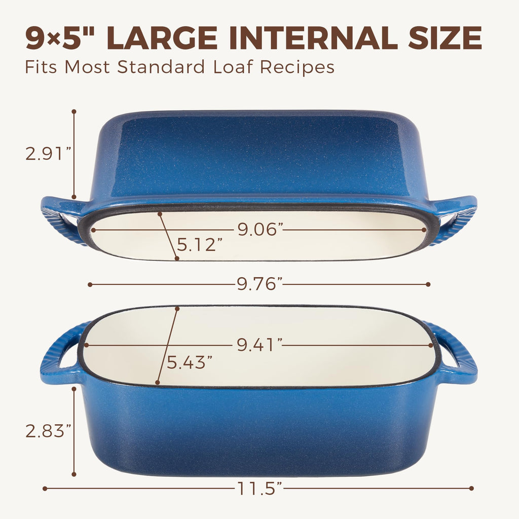 HONGBAKE Everline Collection 2 in 1 Enameled Cast Iron Loaf Pan with Lid, 9x5 Bread Pans for Baking Homemade Sourdough, Nonstick Large Banana Baking Tins, Even Heating Bread Dutch Oven, Blue