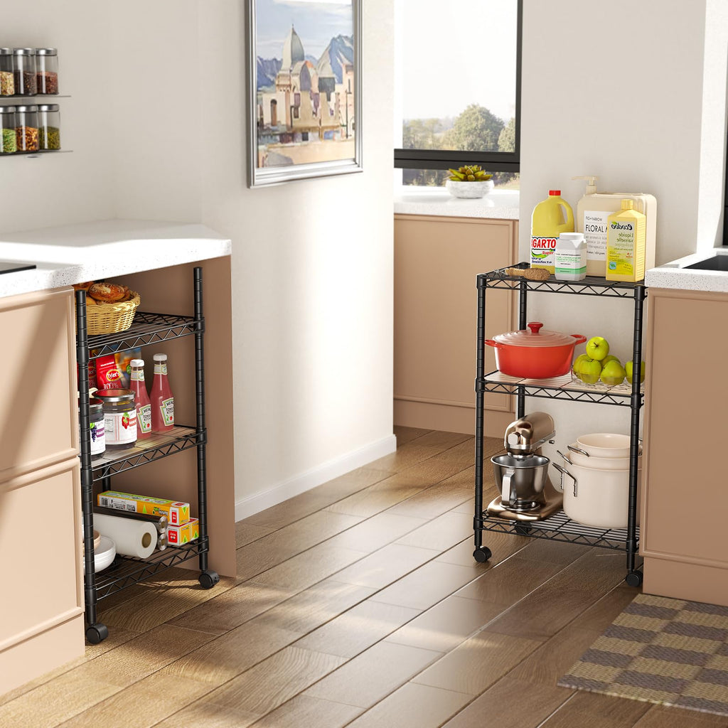 SINGAYE 3 Small Shelves Storage Shelf Wire Shelving Unit Metal Shelf Adjustable Organizers Storage Shelving with Wheels for Bathroom Laundry Room Kitchen Pantry11.5”D x 17.5”W x 30.5”H White