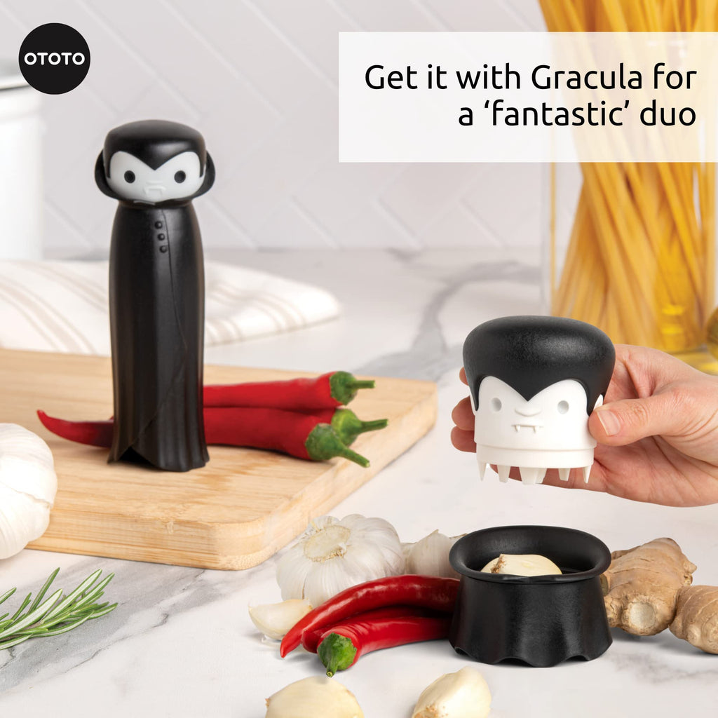 OTOTO Gracula Garlic Crusher, Garlic Mincer, Also for Ginger, Nuts, Chili, Herbs - Twist Top Mincer & Easy Squeeze Manual Press Peeler, Goth Gifts