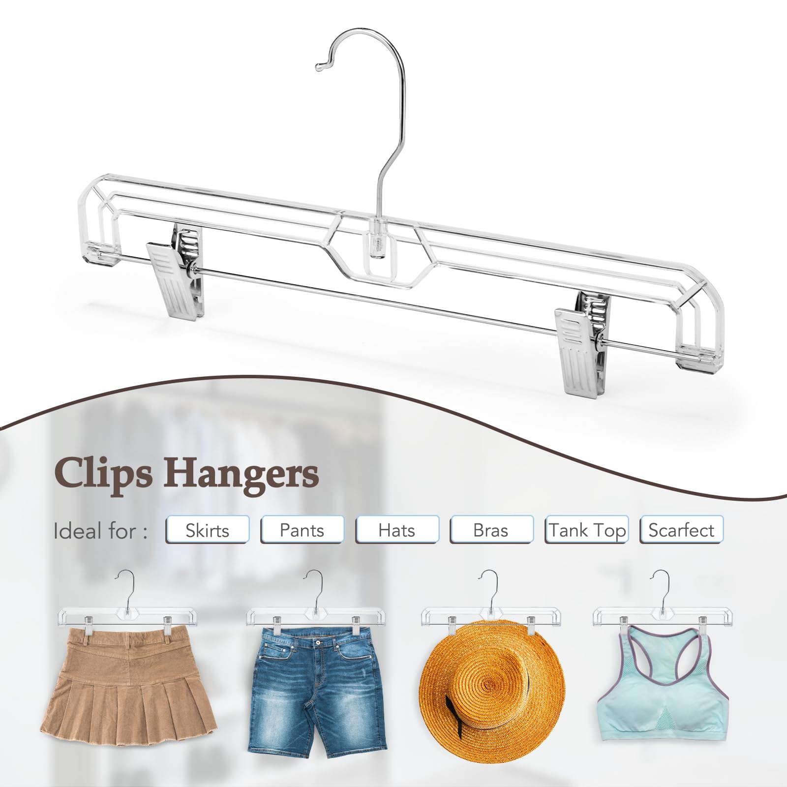 HOUSE DAY 50 Pack 14 inch Clear Plastic Pants Hangers with Clips, Skirt Hangers, Clip Hangers for Pants, Trouser Bulk Plastic Pant Hangers
