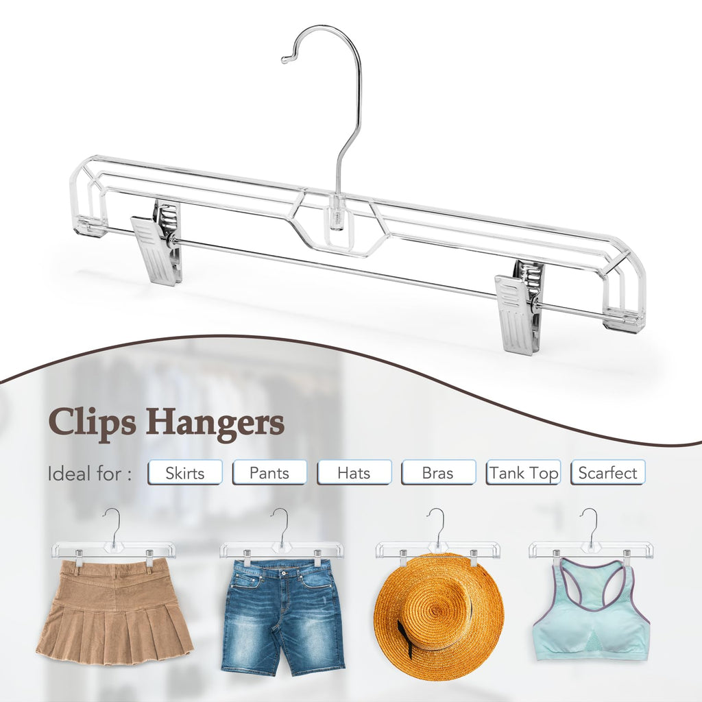 HOUSE DAY 50 Pack 14 inch Clear Plastic Pants Hangers with Clips, Skirt Hangers, Clip Hangers for Pants, Trouser Bulk Plastic Pant Hangers