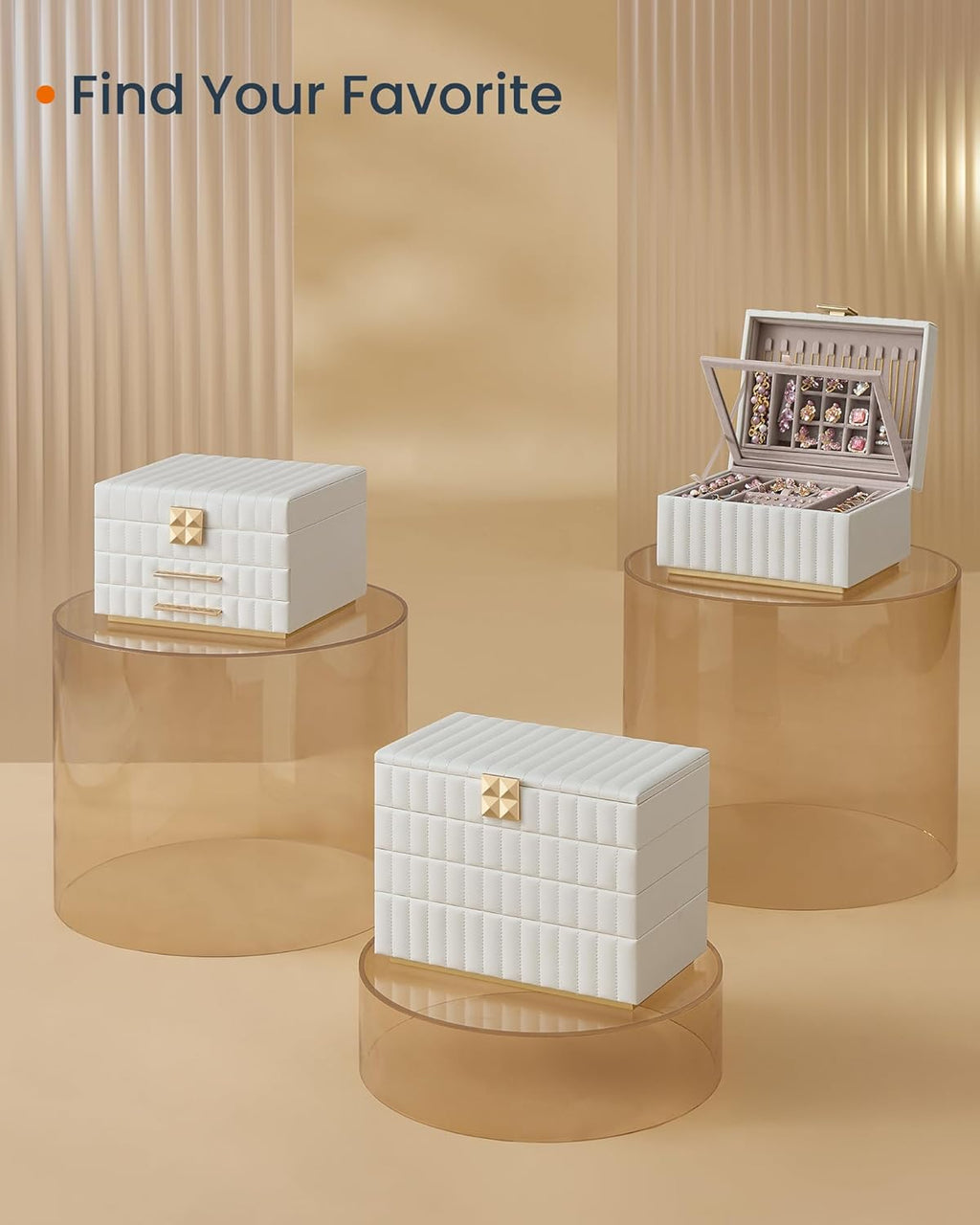 SONGMICS HOME Stackable Jewelry Box with Mirror, 4-Tier Jewelry Storage Organizer, PU Surface with Stitching, Floating Effect, 6.7 x 11 x 8 Inches, Cloud White, ANAH Collection UJBC181W01