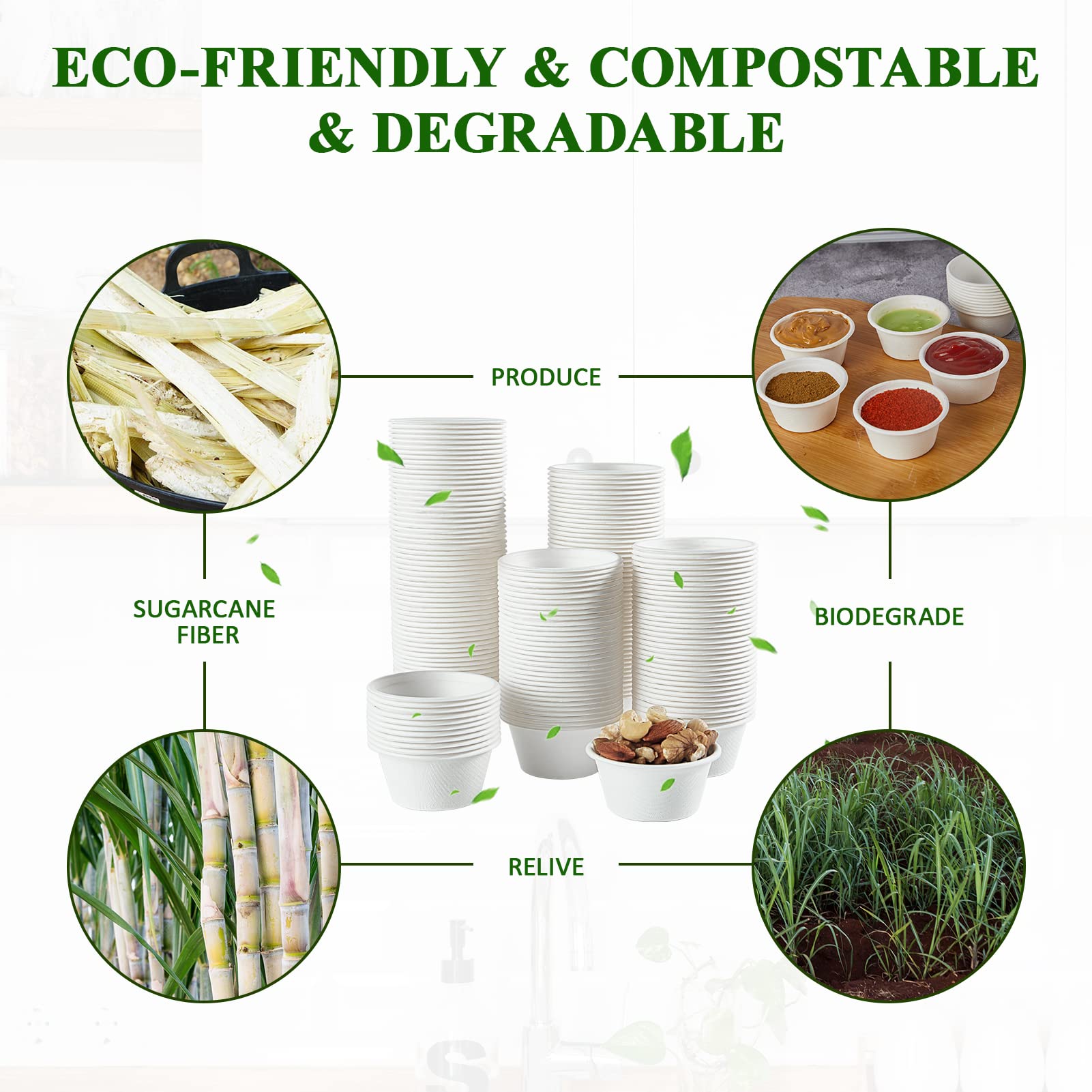 Vplus 1000 Pack 2 OZ Disposable Souffle Cups, 100% Compostable Portion Cups, Food Sample Cups Made From Bagasse Fibe, Perfect For Dips, Jams, Honey, Sauces, Nuts
