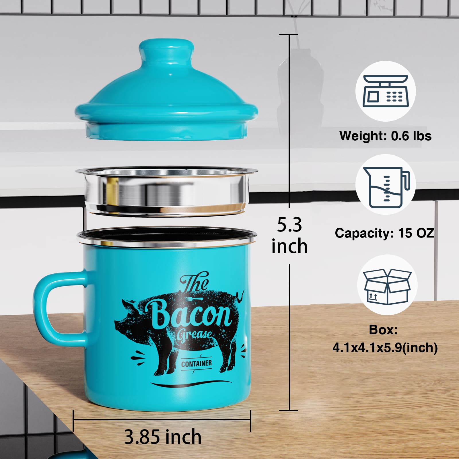 PGYARD Mini Bacon Grease Container With Strainer - 15OZ Enamel Grease Saver, Farmhouse Bacon Grease Keeper For Kitchen Fat Storage, Dishwasher Safe-Red