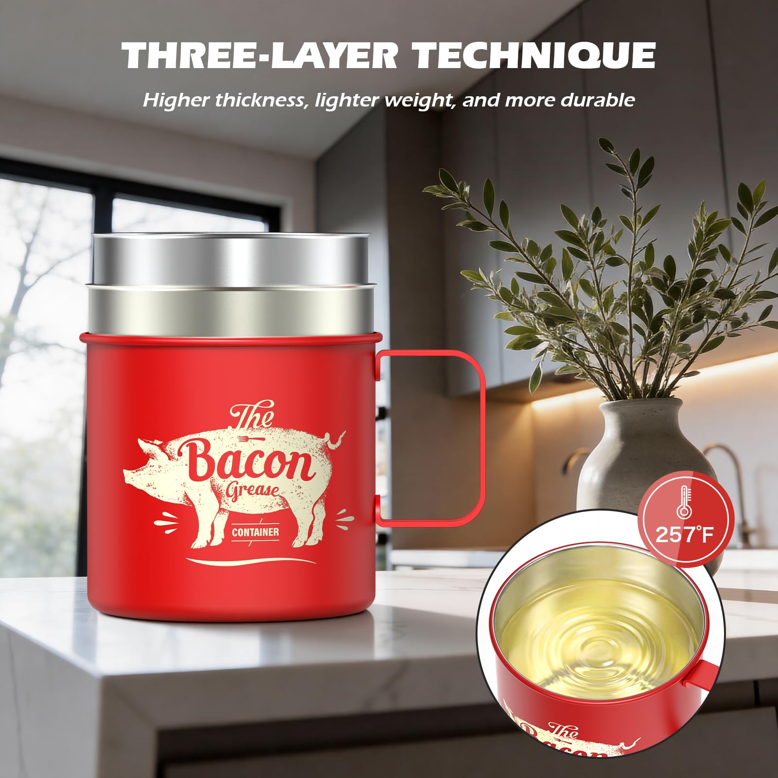 PGYARD Mini Bacon Grease Saver With Strainer - 20 OZ Stainless Steel Oil Container, Farmhouse Bacon Grease Keeper For Kitchen Fat Storage, Dishwasher Safe-Silver