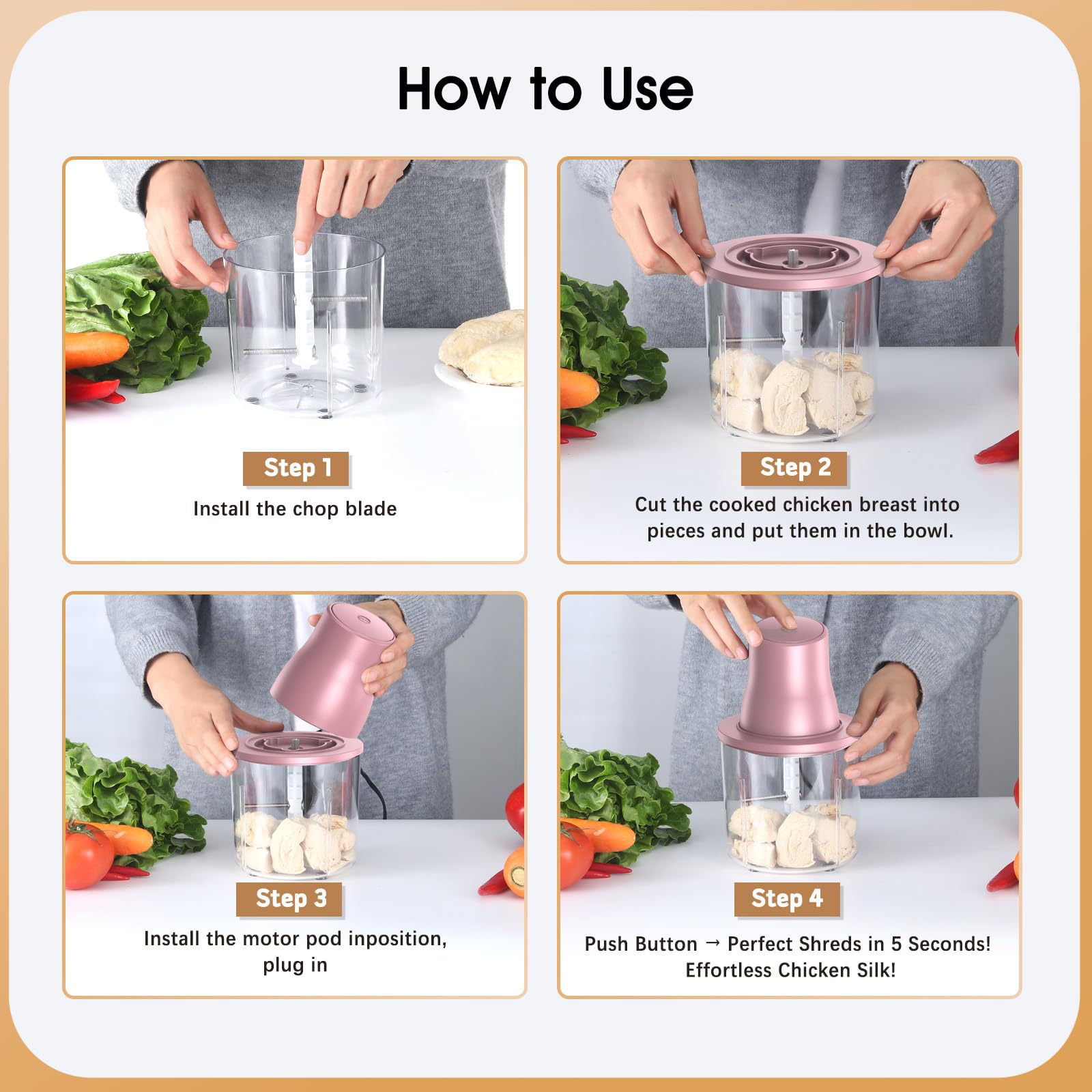 Food Processors, 2 IN 1 Electric Chicken Shredder &Food Chopper with 250W Copper Motor,1.5L Bowls & 2 Bi-Level Blades,One-Touch Electric Chicken Breast Shredder Tool-Smart Overheat Protection