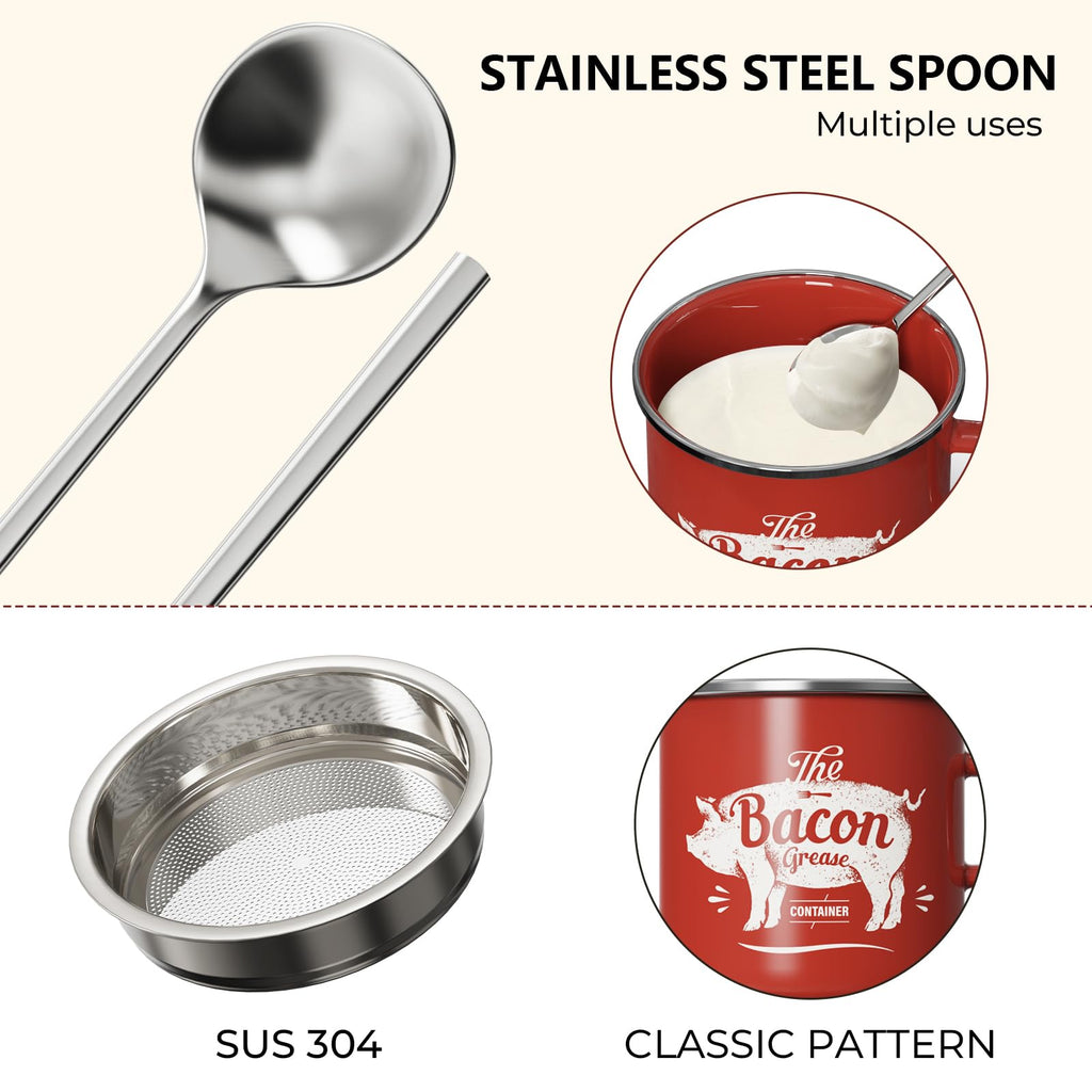 PGYARD Mini Bacon Grease Container With Strainer - 15OZ Enamel Grease Saver, Farmhouse Bacon Grease Keeper For Kitchen Fat Storage, Dishwasher Safe-Red